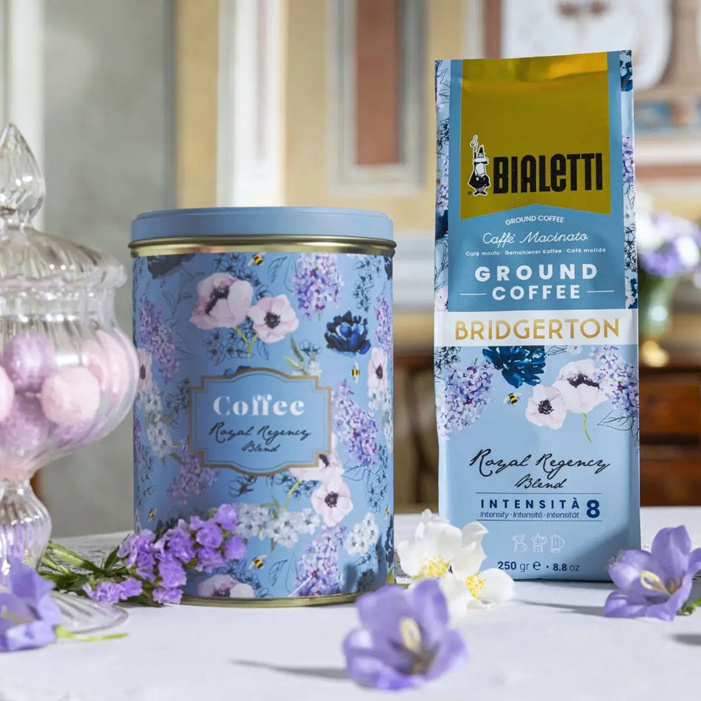 Bialetti Bridgerton Gift Tin with Perfetto Moka Royal Regency Coffee 250g - Italian Espresso Blend for Stovetop Moka Pot - Perfect Gift for Coffee Lovers & Bridgerton Fans