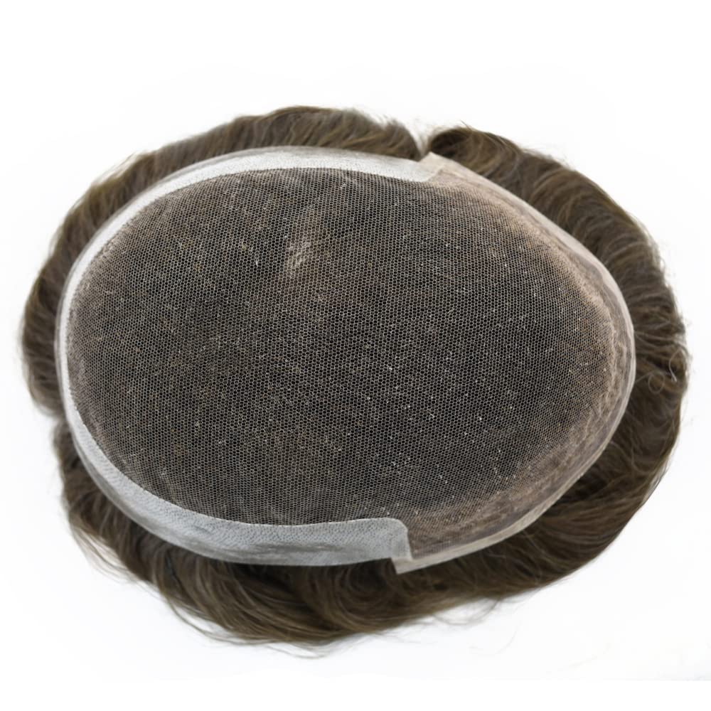 Men's Swiss Lace Toupee - 100% Human Hair Replacement System with PU Bleached Knots & Natural Hairline | 8''x10'' Light Medium Density Wig (310# Dark Brown with 10% Gray) | Perfect for Daily Wear, Special Occasions & Hair Loss Solutions