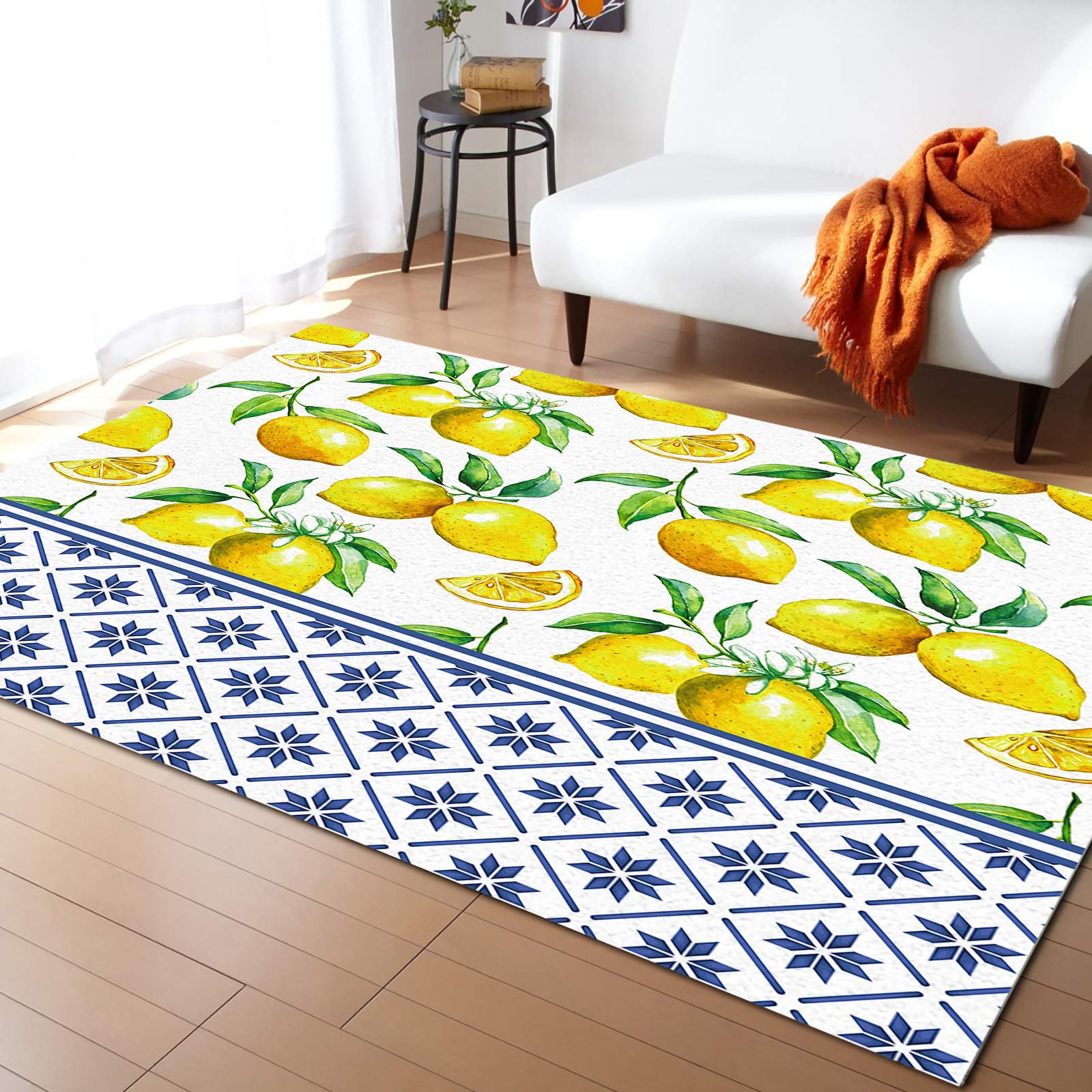 Washable Indoor/Outdoor Area Rug - 4'x6' Summer Lemon Large Accent Rug with Tropical Leaves & Navy Blue Geometric Pattern, Non-Slip Bathroom Mat & Kitchen Runner for Bedroom, Living Room, Patio & Dorm Decor