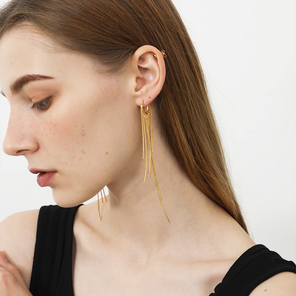 Kesaplan 925 Sterling Silver Dangle Tassel Earrings for Women - Elegant Chandelier Earrings with Long Gold Tassel (4.5 Inch) - Perfect for Parties, Weddings & Evening Events