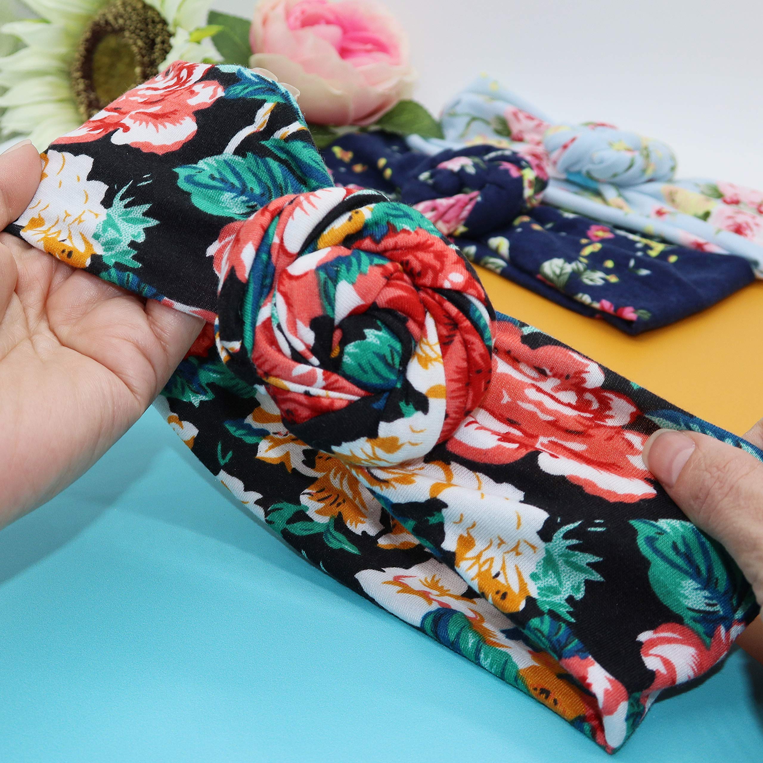 FROG SAC 4-Pack Floral Headbands for Girls & Women | Stretchy Flower Headwraps for Teens & Adults | Soft Rose Bun Headbands | Cute Comfortable Fashion Hair Accessories for Everyday Wear, Parties & Photos