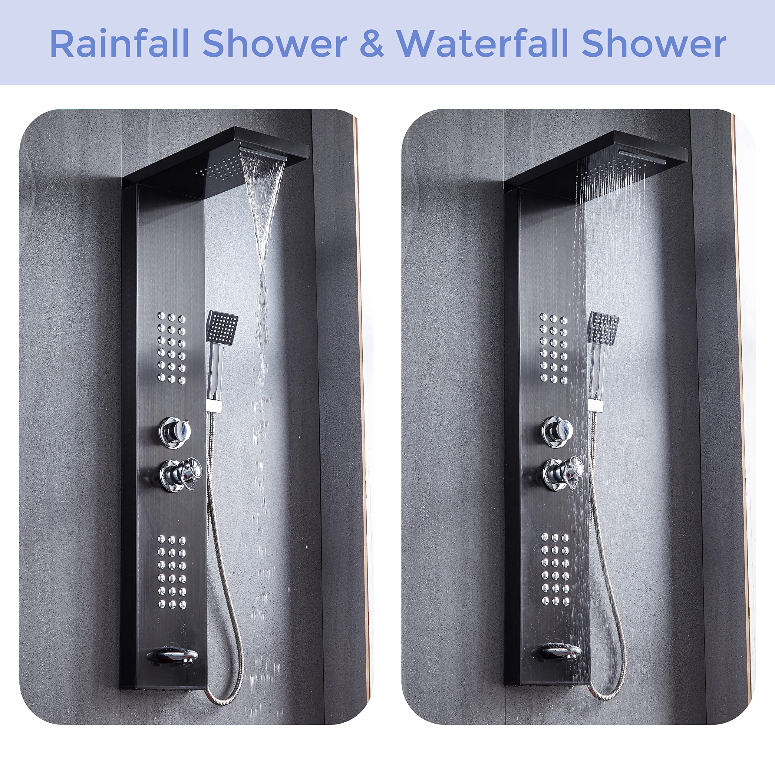 Delavin Multi-Function Shower Panel System - Stainless Steel Rainfall & Waterfall Shower Tower with Body Jets, Tub Spout & Handheld Shower | Brushed Black Finish | Perfect for Luxury Bathroom Renovation & Spa-Like Shower Experience