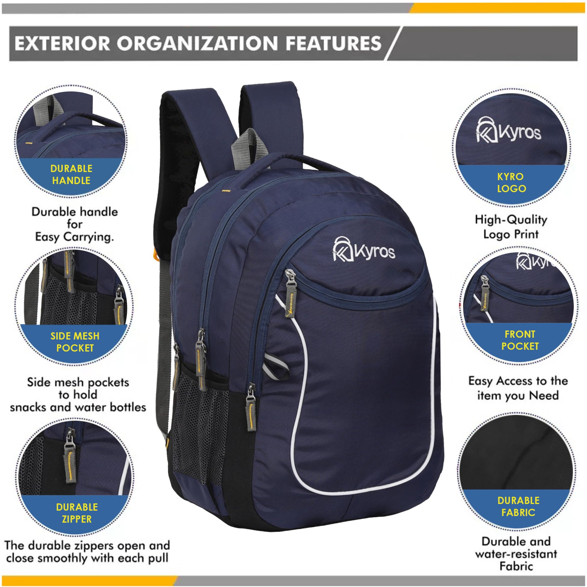 Kyros 35L Unisex Casual Polyester Backpack - Lightweight School Bag for Women, Men, Boys & Girls - Water-Resistant Travel Backpack (Blue) - Perfect for College, Hiking, Work & Daily Commute