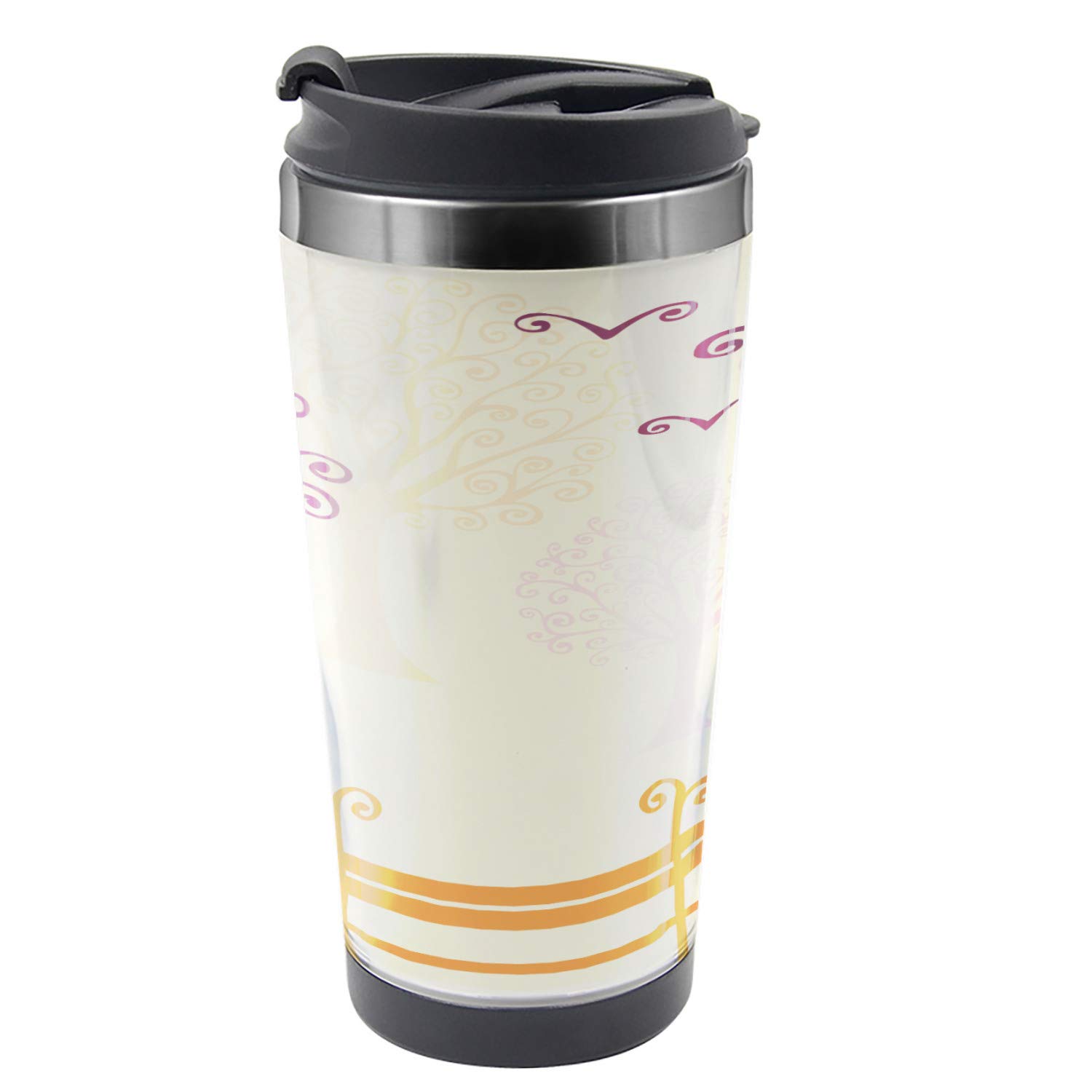 Ambesonne Tree Travel Mug - 16 oz Stainless Steel Thermal Cup with Park Bench Pastel Design in Orange & Purple - Perfect for Coffee, Tea & Hot Drinks On The Go, Commuting, Hiking & Outdoor Adventures