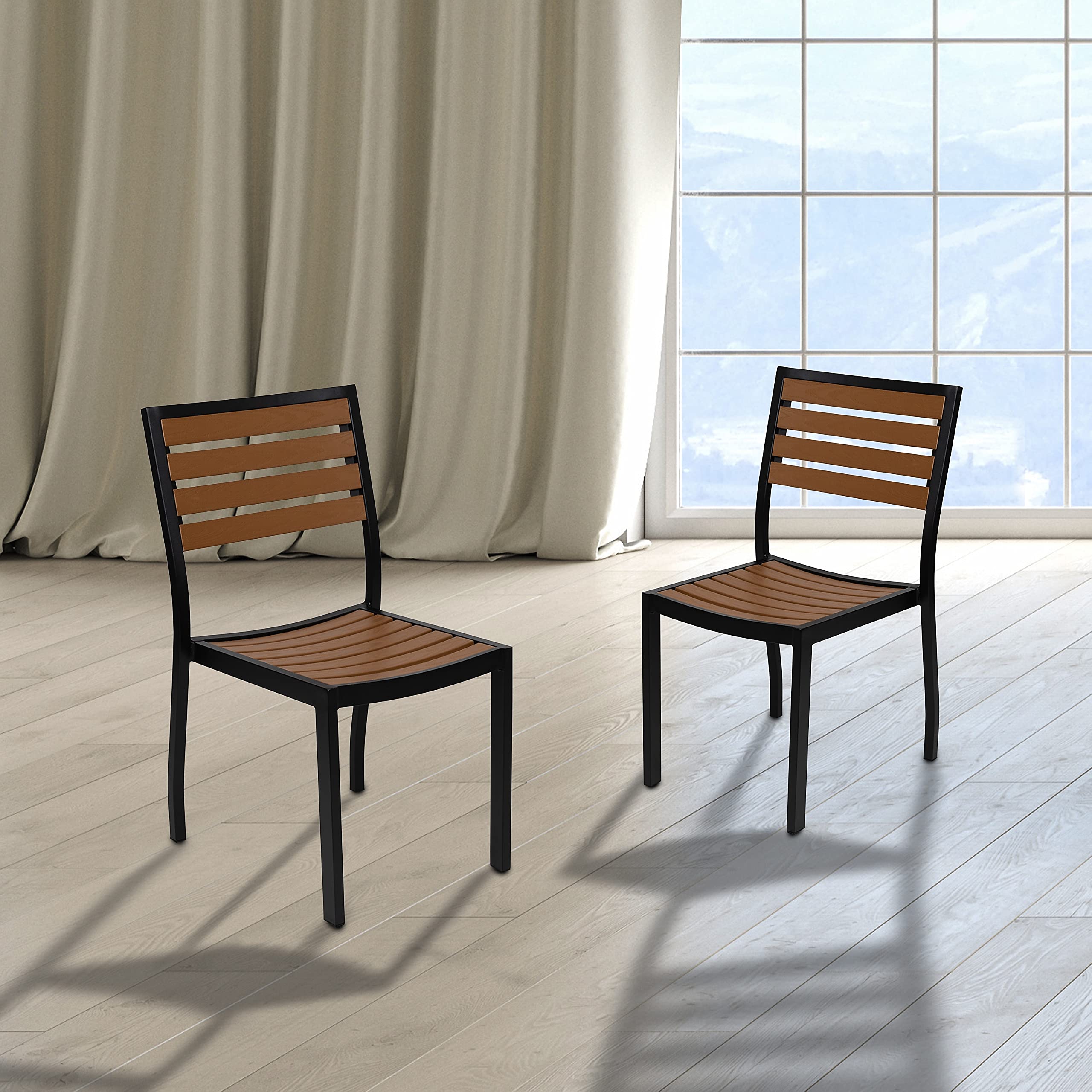 Flash Furniture Lark Outdoor Stackable Side Chairs with Faux Teak Poly Slats - Set of 2 - Perfect for Patio, Deck, Garden & Poolside Seating