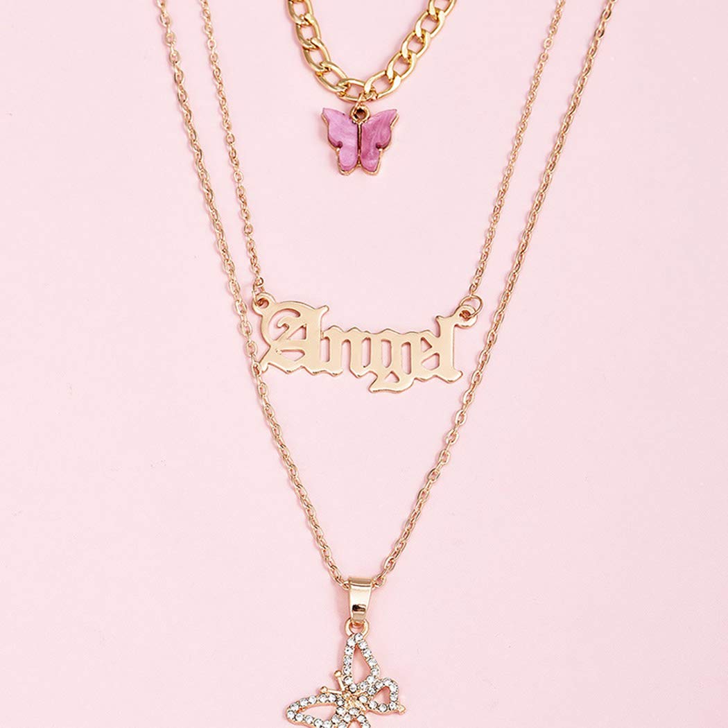 Punk Layered Butterfly Pendant Necklace - Gold Initial Choker with Letter Chain - Gothic Jewelry for Women & Men (Angel) - Perfect for Concerts, Parties & Alternative Fashion