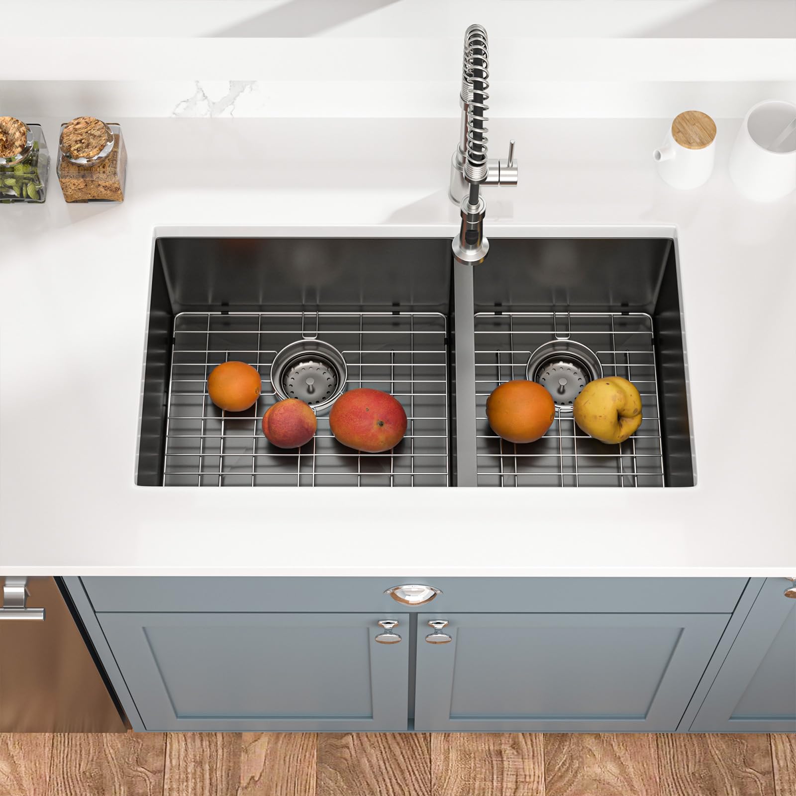 Mocoloo 33 Inch Undermount Double Bowl Kitchen Sink - 60/40 Split, Nano Gunmetal Black, 16 Gauge Stainless Steel, Handmade (33