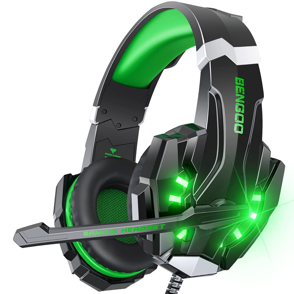BENGOO G9000 Stereo Gaming Headset with Noise Cancelling Mic - Compatible with PS4, PS5, Xbox One, PC, Laptop & Mac | Over-Ear Headphones with LED Lights, Bass Surround & Soft Memory Earmuffs (Green) - Perfect for Gaming, Streaming & Online Meetings