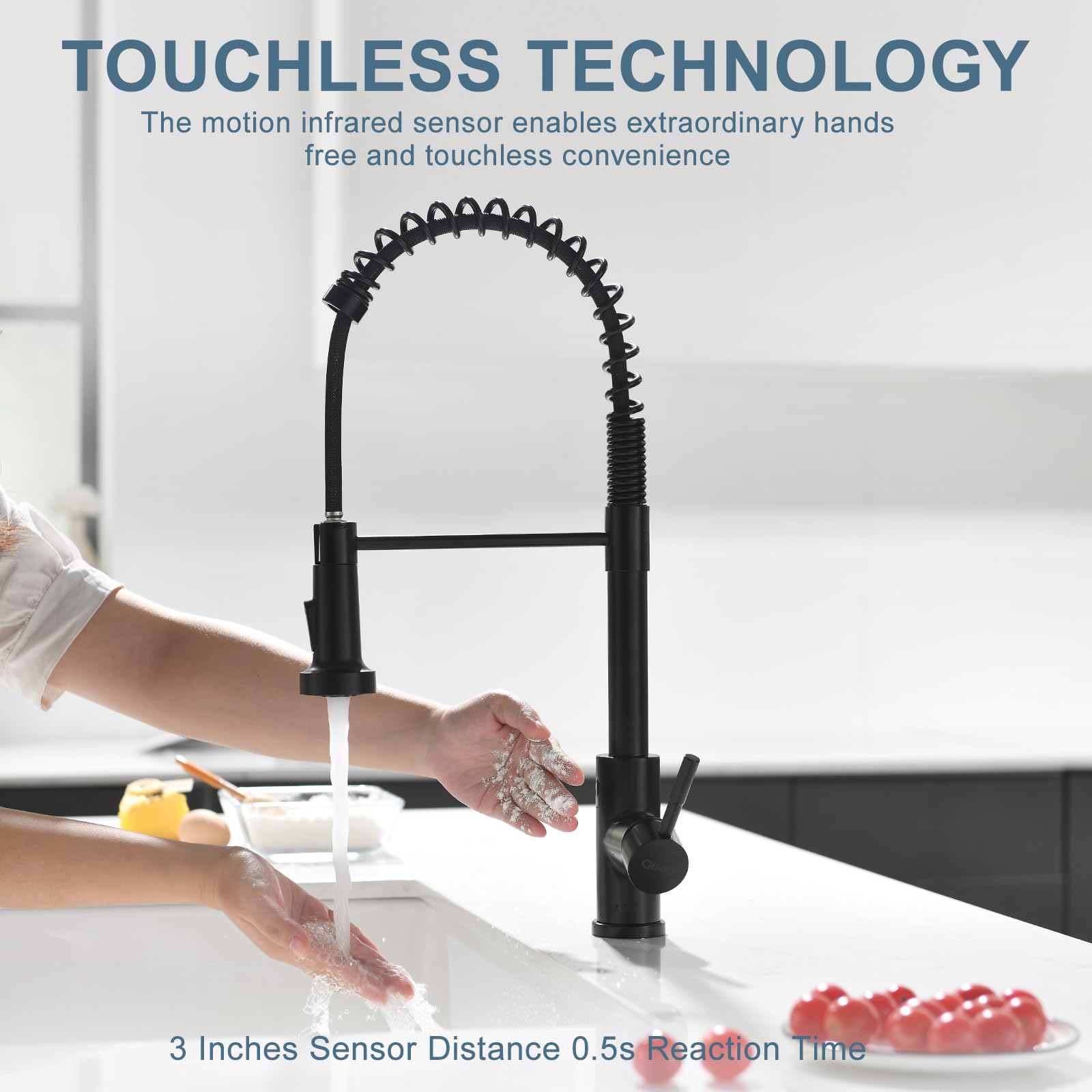 GIMILI Glossy Black Touchless Kitchen Faucet with Pull Down Sprayer - Single Handle Spring Activated Motion Sensor Faucet for Modern Kitchens & Easy Cooking Cleanup
