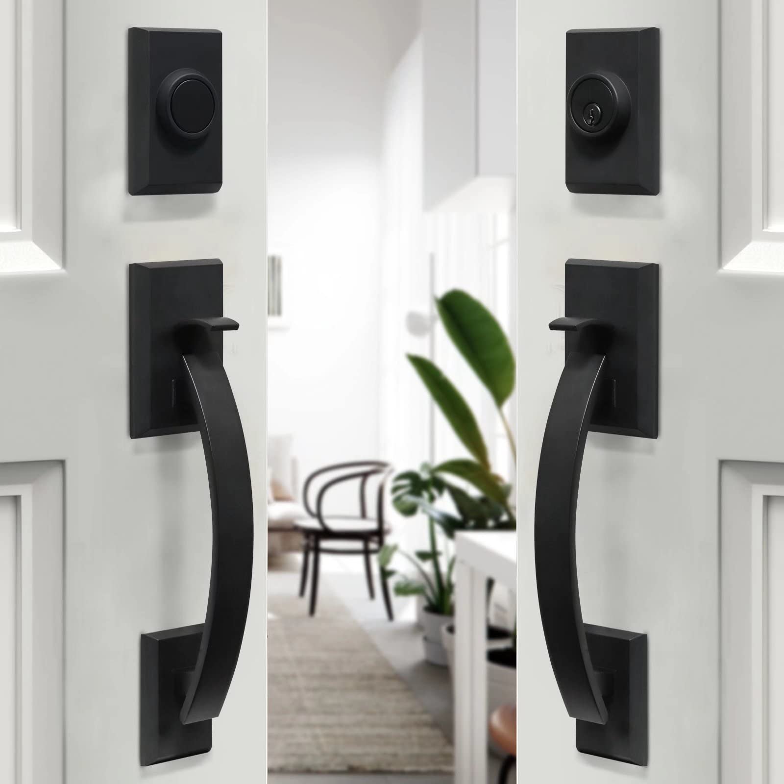 **Heavy Duty Matte Black Double Front Door Handle Set with Lever - Durable Entry & Office Door Handleset for Enhanced Security & Style**    *(Perfect for Front Doors, Office Entrances, and High-Traffic Areas – Adds Elegance & Durability to Any Space!)*