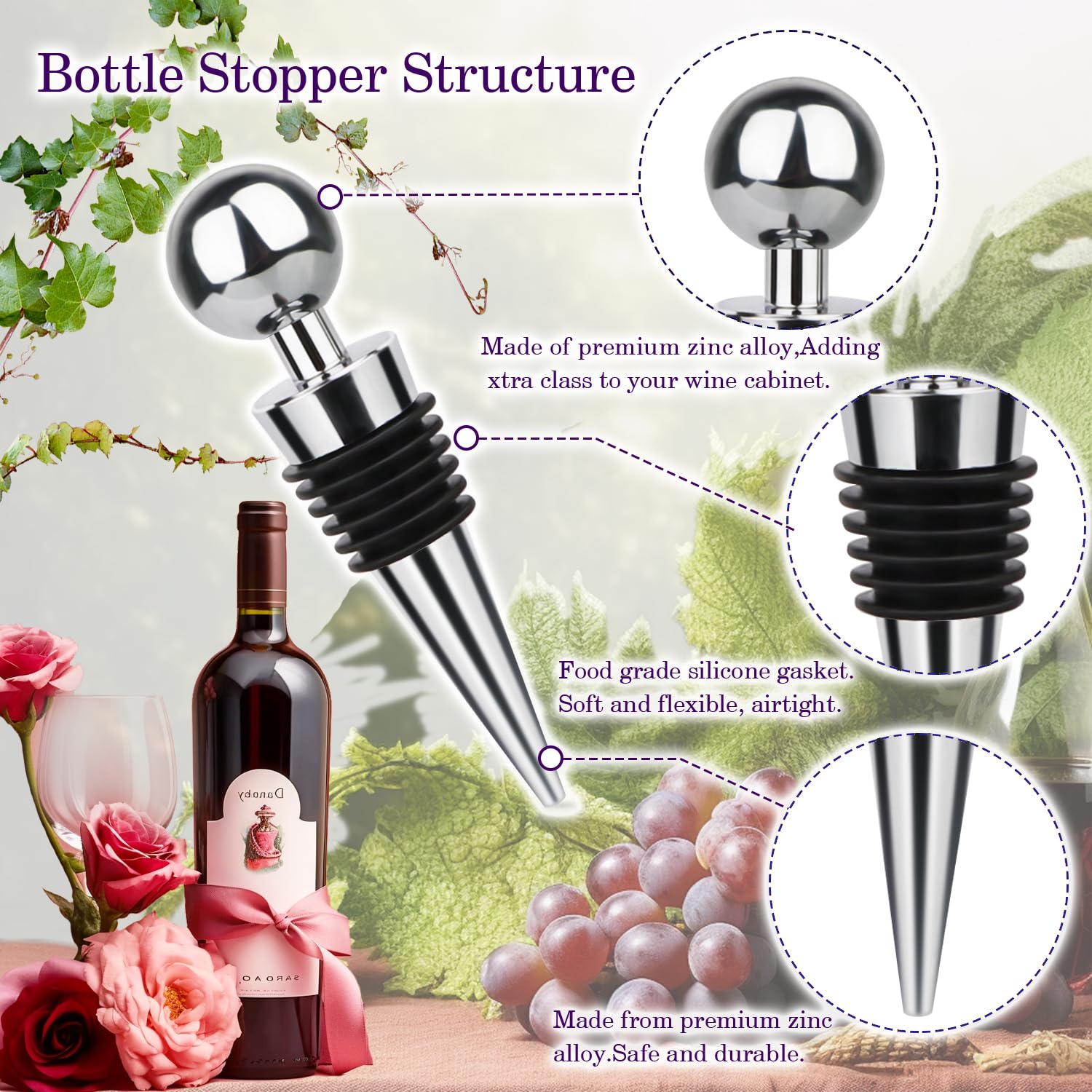 5-Pack Reusable Silicone Wine Bottle Stoppers - Airtight Vacuum Seal Keeps Wine Fresh for Standard Bottles | Perfect for Home Bars, Parties & Wine Preservation (Silver)