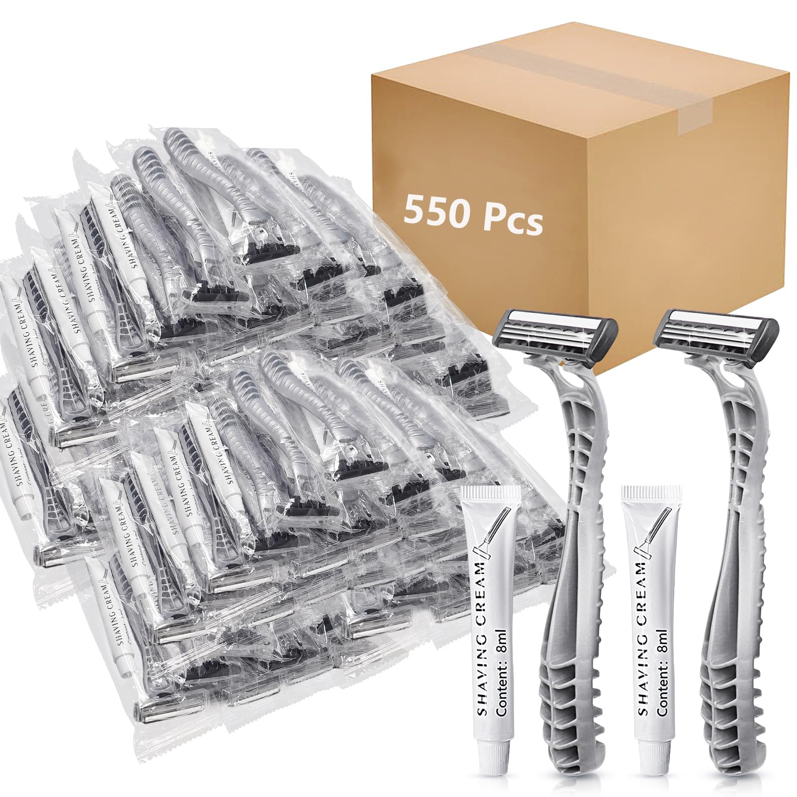 550 Count Kheoxusa 3-Blade Disposable Razors - Individually Wrapped for Travel, Airbnb, Hotels, Shelters & Personal Grooming - Smooth Shaving for Men & Women - Silver Triple Blade Razors Bulk Pack