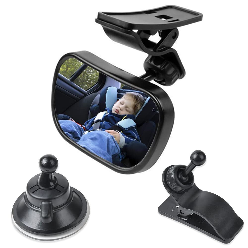 Qiwenr 360° Adjustable Shatter-Resistant Baby Car Mirror - Rearview Mirror for Toddlers & Infants with Suction Cups & Clips | Safe Back Seat Stroller Mirror for Car Travel & Road Trips