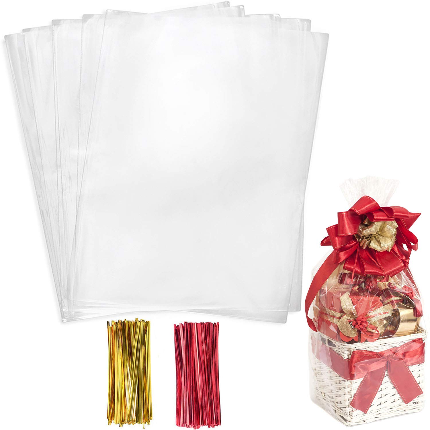Morepack 200 PCS Clear Cellophane Gift Bags with Twist Ties - 9x14 Inches - Perfect for Party Favors, Candy Bags, Wedding Treats & Holiday Gift Wrapping