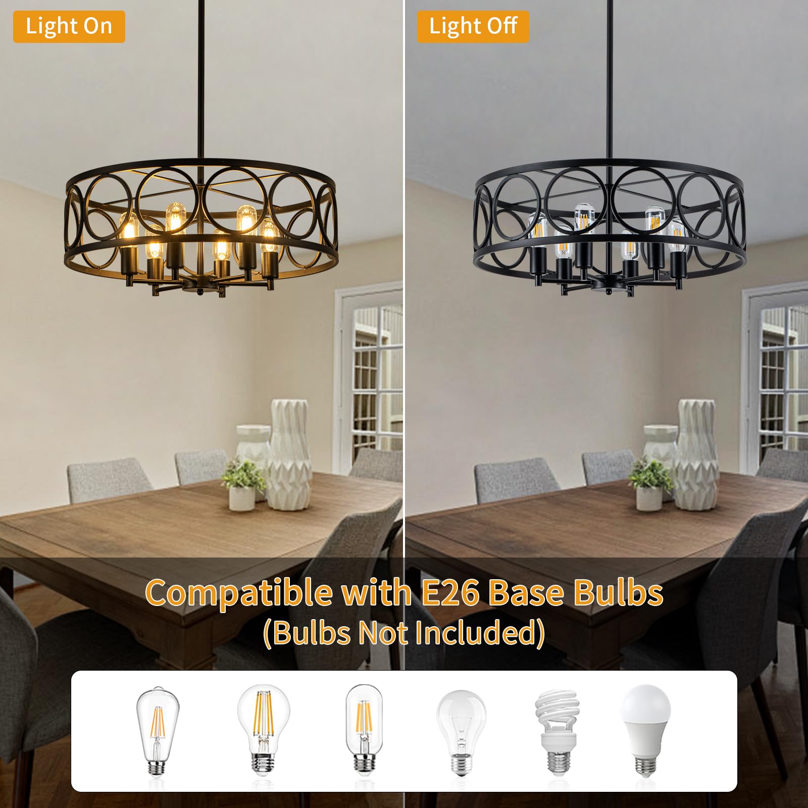 Black Farmhouse Chandelier - 6-Light Rustic Drum Dining Room Pendant Light - 23.6