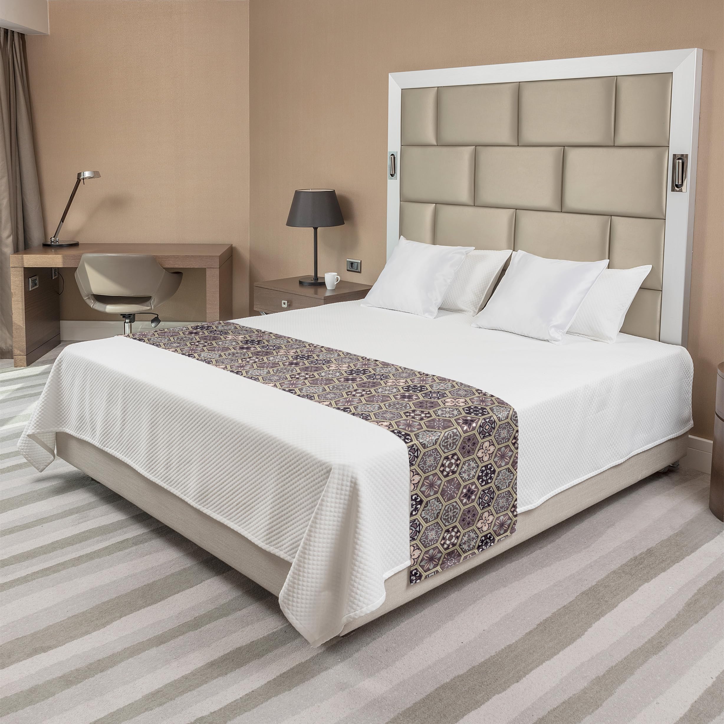 Ambesonne Antique Oriental Bed Runner with Honeycomb Flower Pattern - Decorative Bed Scarf for Hotels, Homes & Guest Rooms in Pale Tan, Dark Taupe & Grey | Perfect for Master Bedrooms, Luxury Hotels & Boho Chic Decor