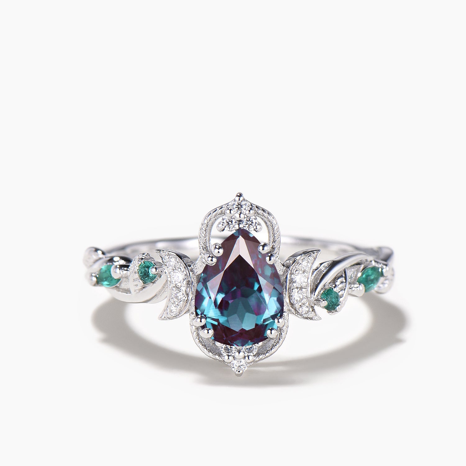 Pear Cut Color Changing Alexandrite Engagement Ring with Diamond Accents - Moon Twisted Wedding Band for Proposals, Anniversaries & Romantic Occasions