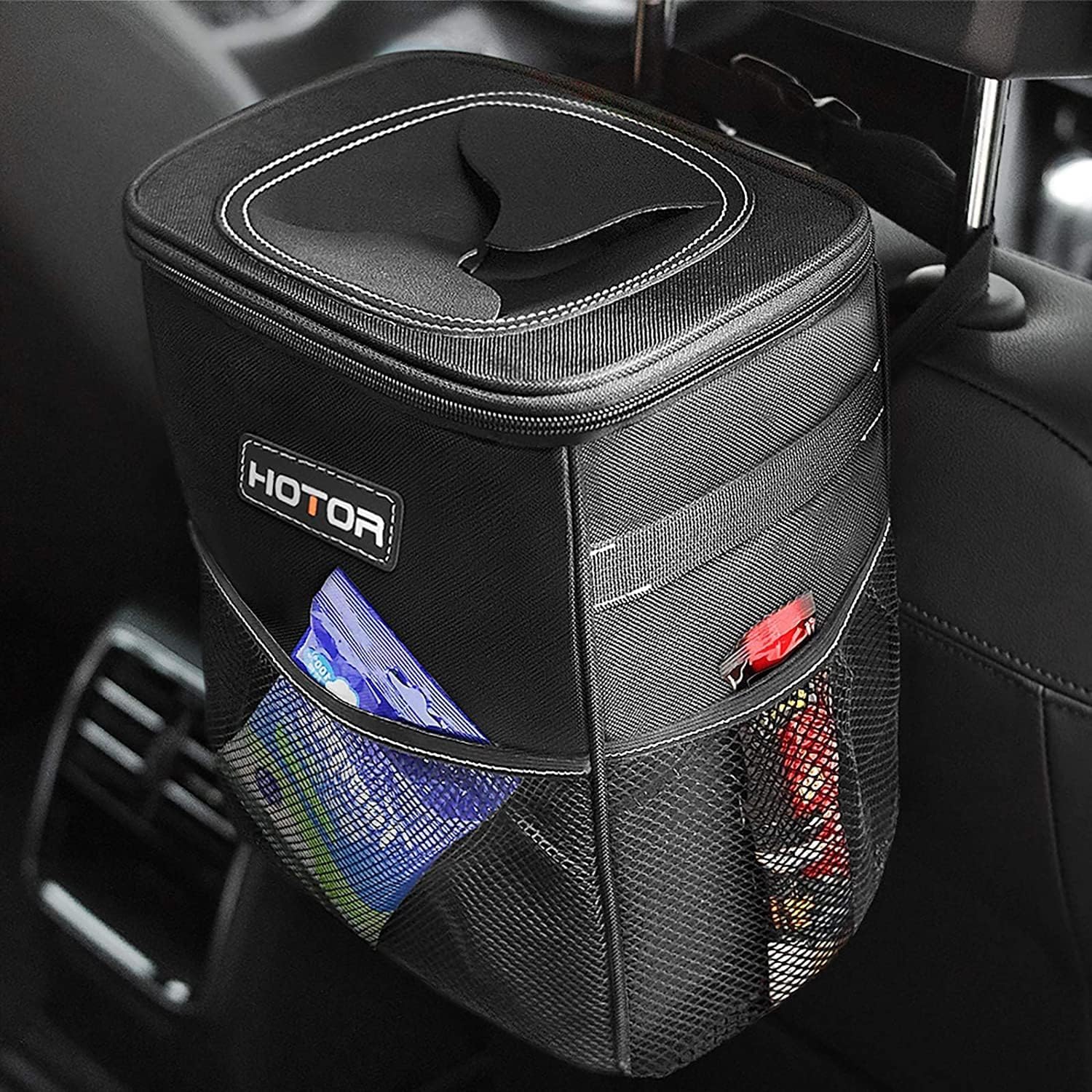 HOTOR 2 Gallon Car Trash Can with Lid - Leak-Proof Waterproof Auto Garbage Bin with Storage Pockets | Multi-Purpose Vehicle Organizer for Road Trips, Camping & Daily Commute (Black)