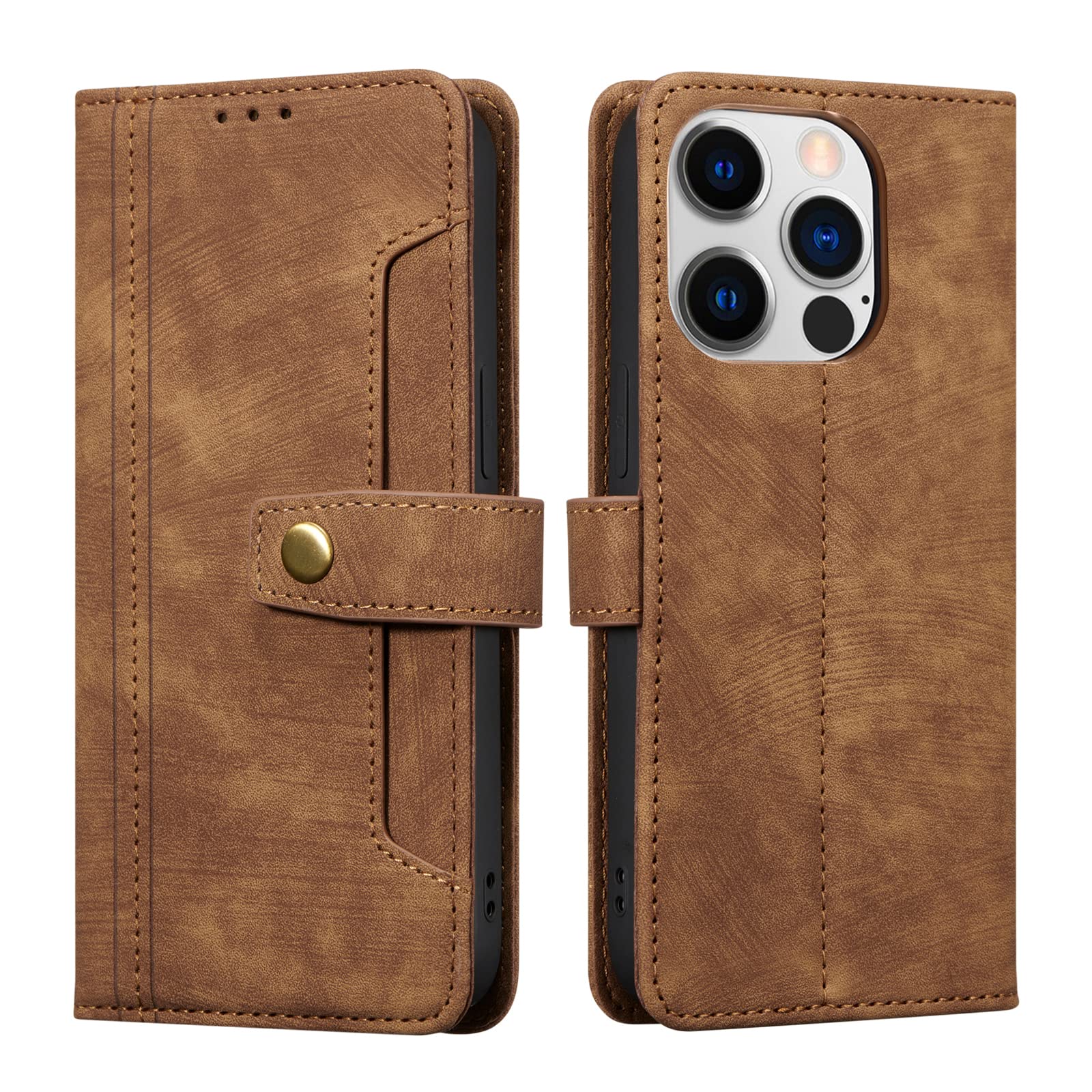 Premium PU Leather Wallet Case for iPhone 14 Pro Max - Shockproof Flip Cover with Card Holder Slots, Magnetic Clasp & Kickstand | Perfect for Business, Travel & Everyday Use (Brown)