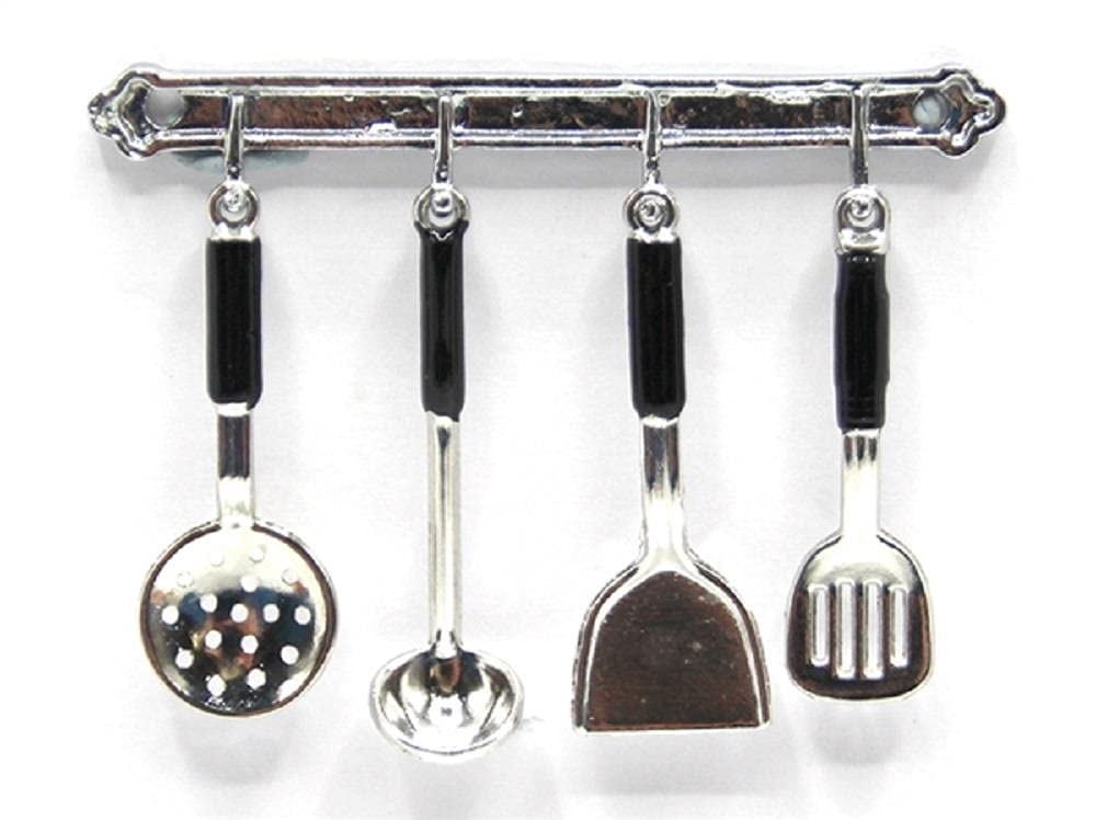 Melody Jane 1:12 Scale Miniature Dollhouse Kitchen Accessories - Silver Hanging Utensil Set with Rack for Dolls Houses | Perfect for Dollhouse Decor, Miniature Kitchen Displays & Collectors