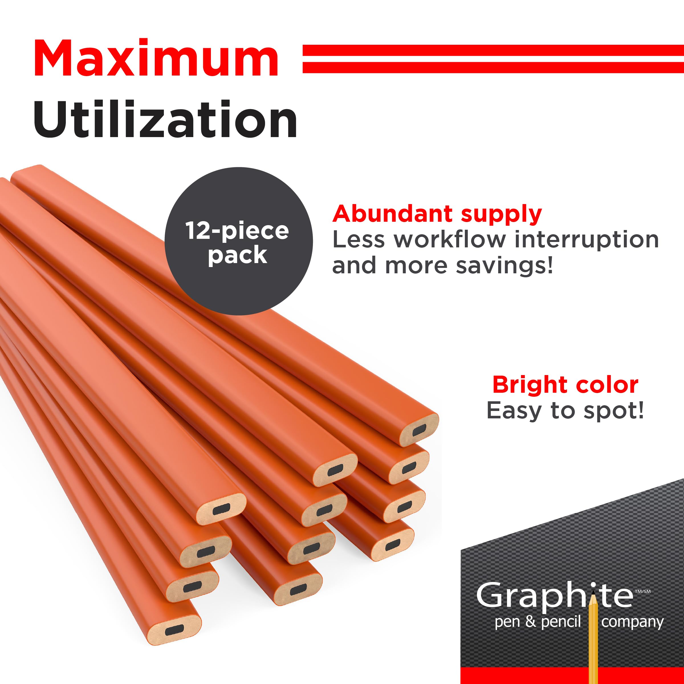 GRAPHITE Hard Lead Carpenter Pencils Bulk - 12 Pack of #2 (HB) Wooden Pencils for Lumber Marking - Neon Orange for High Visibility - Perfect for Construction, Woodworking & DIY Projects