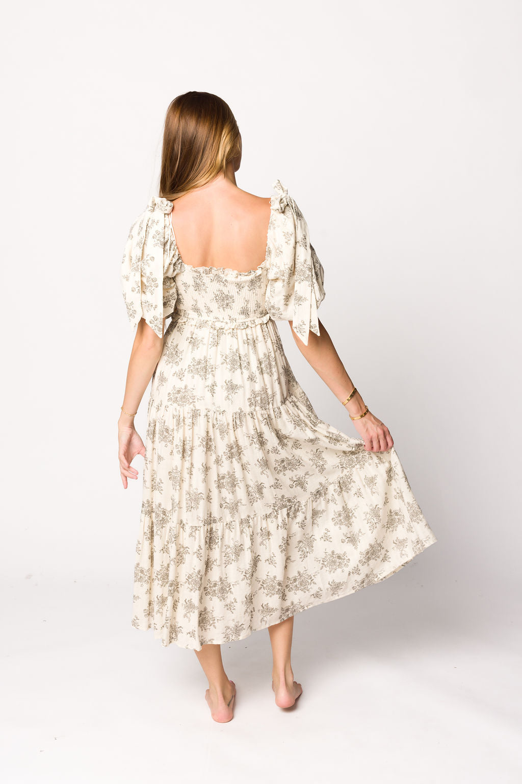 Elena Floral Toile Print Smocked Maternity Midi Dress in Ivory - Bump Friendly Summer Dress for Baby Shower, Brunch & Special Occasions