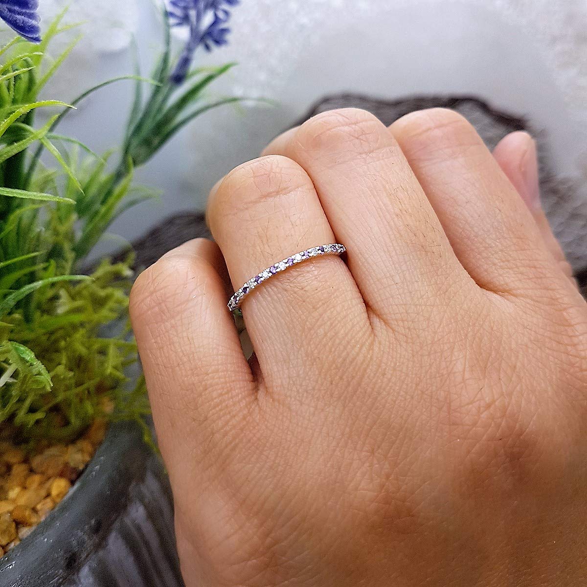 14K Solid Gold Round Amethyst & White Diamond Women's Stackable Ring for Anniversary, Wedding, Engagement - Perfect Gift for Her, Bridal Jewelry, Valentine's Day Present