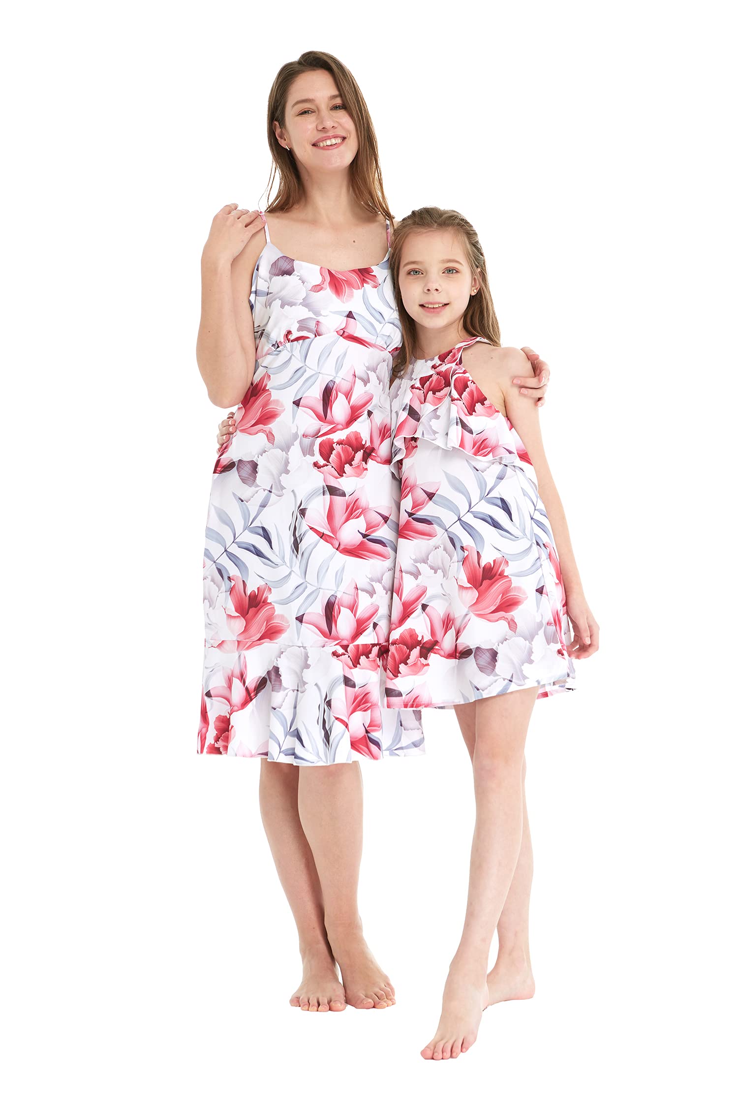 Hawaiian Luau Mother Daughter Matching Mermaid Ruffle Dresses - Women & Girls Round Neck Ruffled Dress in Misty Lotus White | Beach Party, Family Photos, Tropical Vacation Outfits