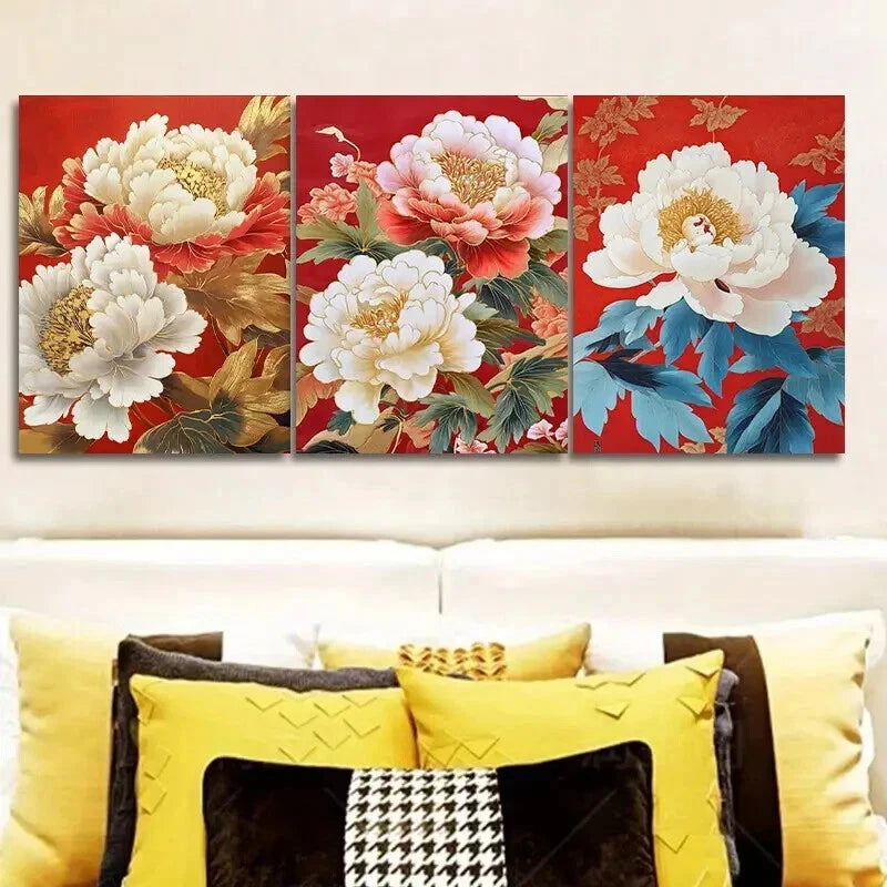 3-Piece Luxurious Peony Flower Painting Wall Art Set - Framed Canvas 50x70cm (20x28in) - High Quality Print - 100% Australian Made - Ready to Hang - Perfect for Living Room, Bedroom & Office Decor