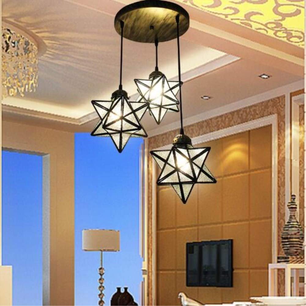 Teimi&Ritou 3-Light Round Base Moravian Star Chandelier - Iron Art Pendant Lamp with Crystal Glass for Dining Room, Living Room & Bedroom Lighting