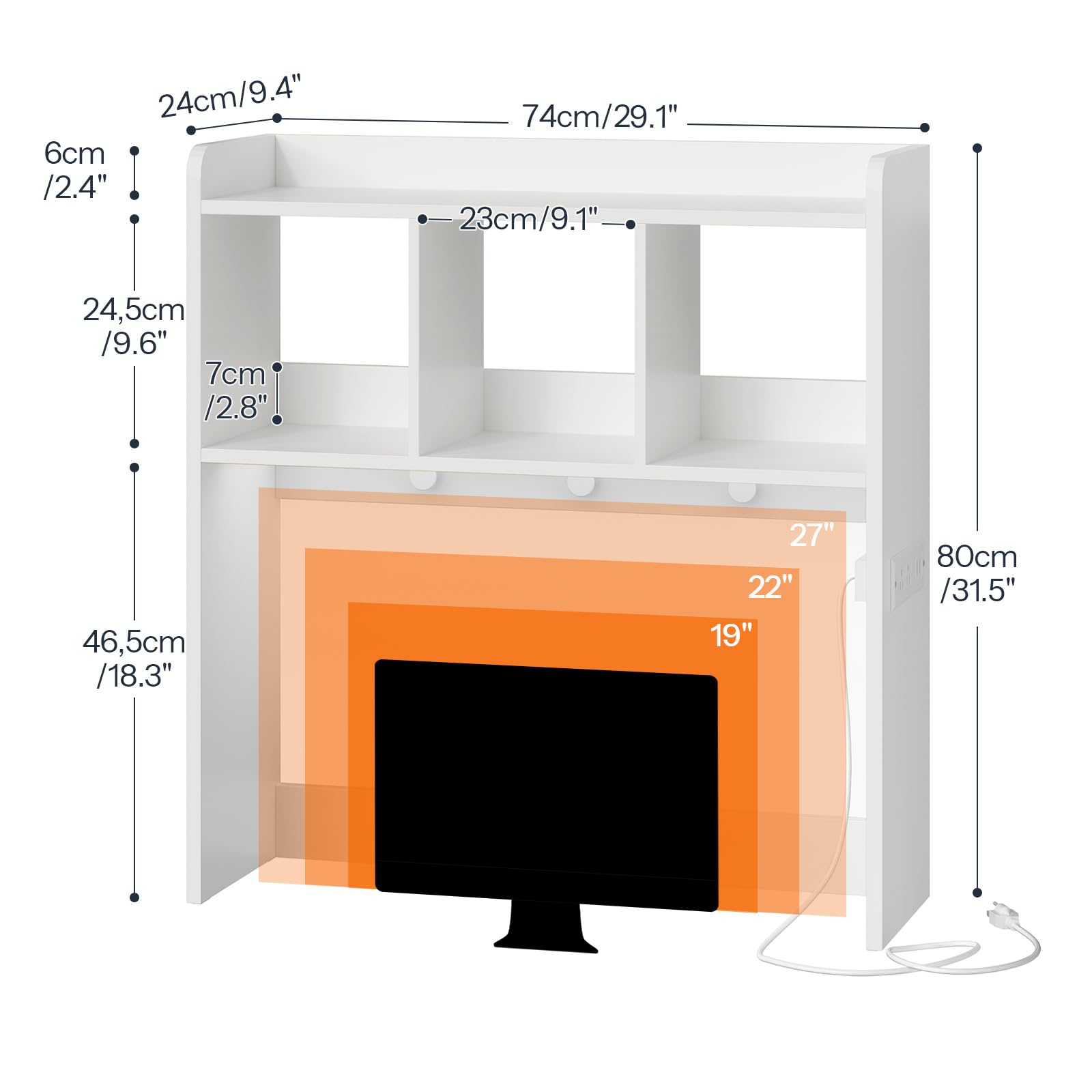HOOBRO White Wooden Desktop Bookshelf with LED Light Strip & 3 Hooks - Office Desk Organizer with Power Outlets for Home & Study - Perfect for Workspace Organization, Book Storage & Decorative Display