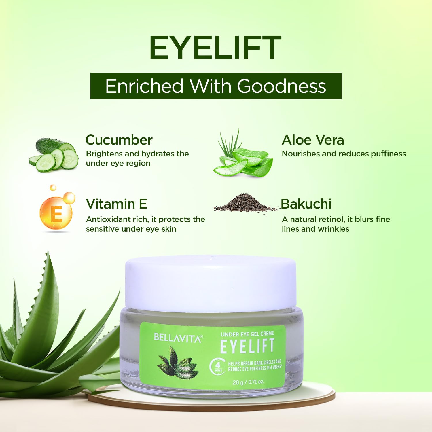 Bella Vita Organic EyeLift Hydrating Natural Under Eye Cream Gel - Dark Circles, Puffy Eyes & Wrinkle Treatment for Women & Men (20g) | Day & Night Use for Brighter, Youthful Eyes