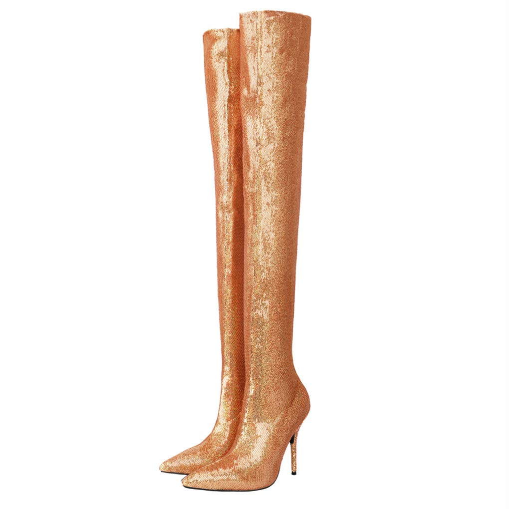 Arqa Women's Satin Over The Knee Boots - Stiletto Heel Thigh High Boots with Stretchable Fabric, Pull-On Pointed Toe Booties for Party, Night Out & Evening Wear