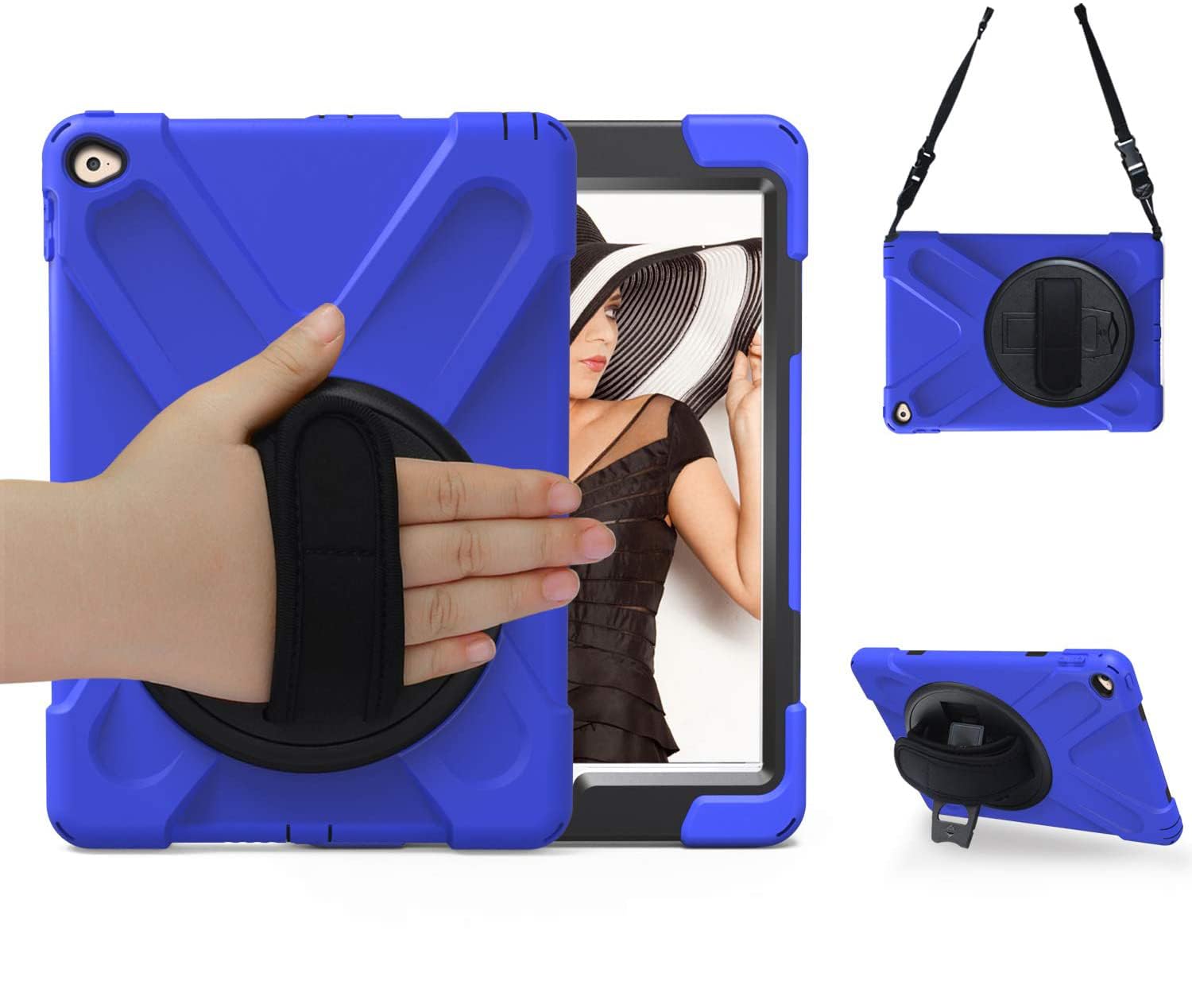 Premium Shockproof iPad Air 2 Case (2014 Model) - 360° Rotating Stand with Handle & Adjustable Shoulder Strap - Protective Rubber Cover for iPad Air 2nd Generation A1566/A1567 - Perfect for Kids, Students & Travel Use - Blue