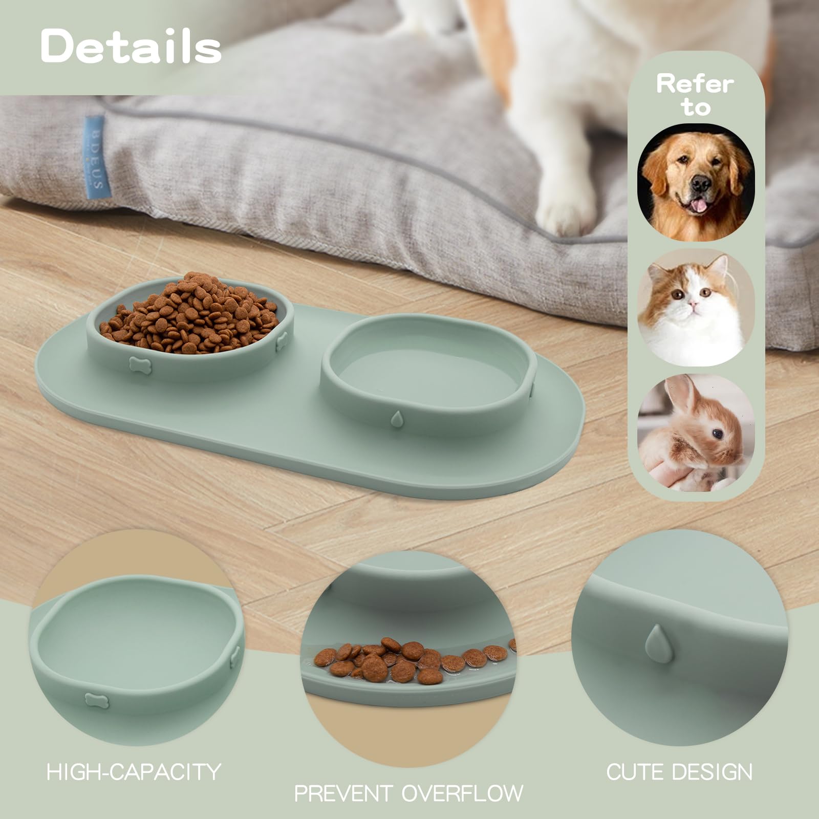 Non-Spill Non-Skid Dog Food & Water Bowls Set with Mat - Perfect for Small, Medium & Large Dogs, Cats & Puppies - Durable Pet Feeder Dishes (Green) - Ideal for Home, Travel & Outdoor Use