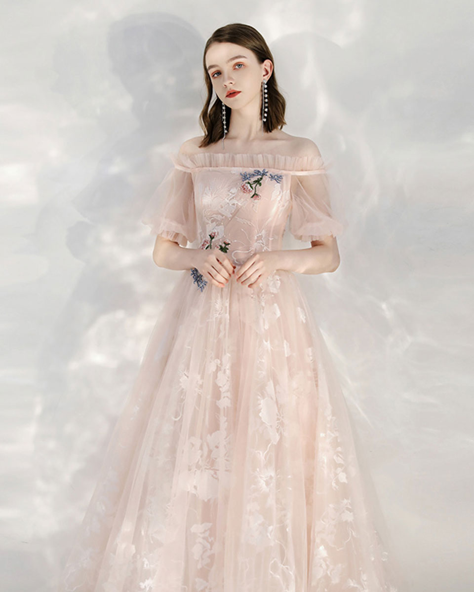 Elegant Pink Tulle Lace Off-Shoulder Long Prom Dress for Women - Formal Evening Gown for Homecoming, Wedding, Ball Gala & Special Occasions