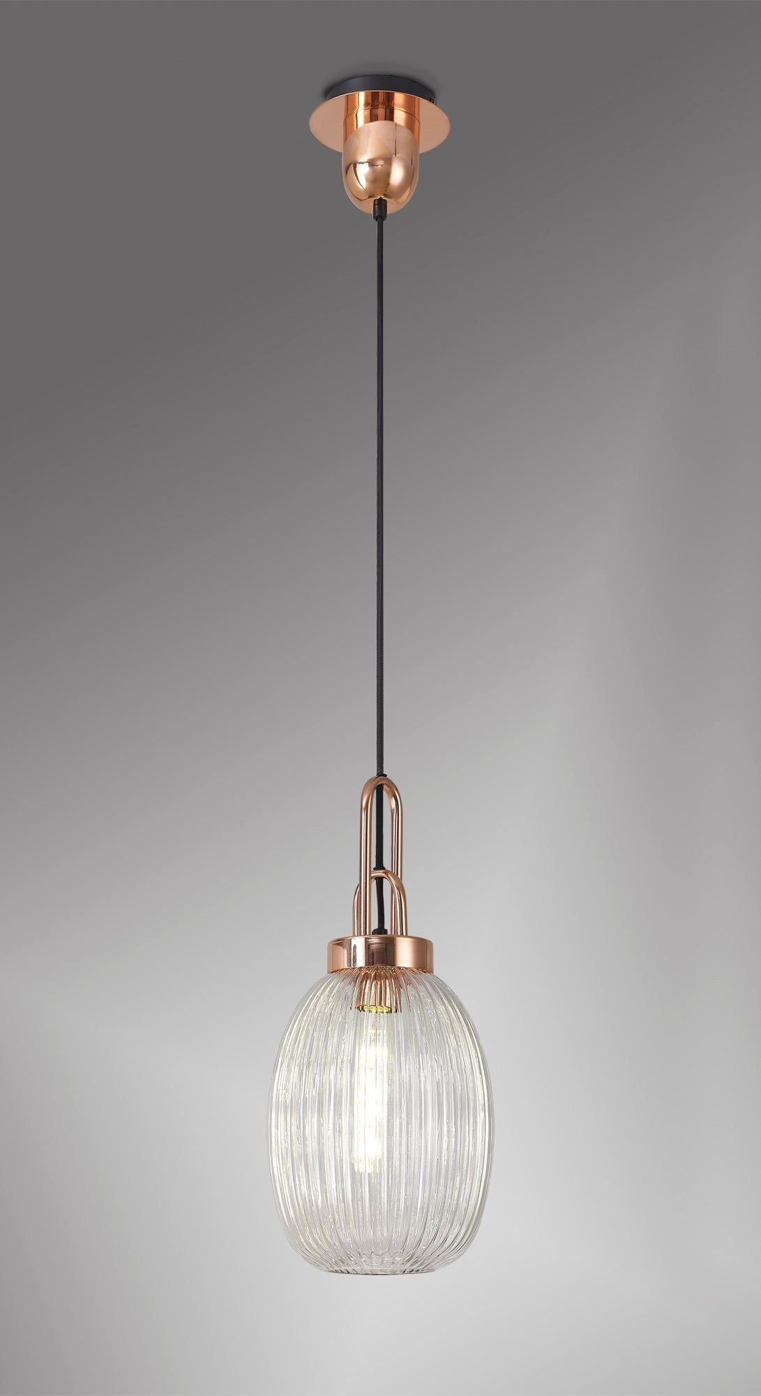 Cadiz 1-Light Pendant Light Fixture with 20cm Almond Ribbed Glass Shade, E27 Socket, IP20 Rated - Perfect for Kitchen Island, Dining Room, or Bedroom Lighting