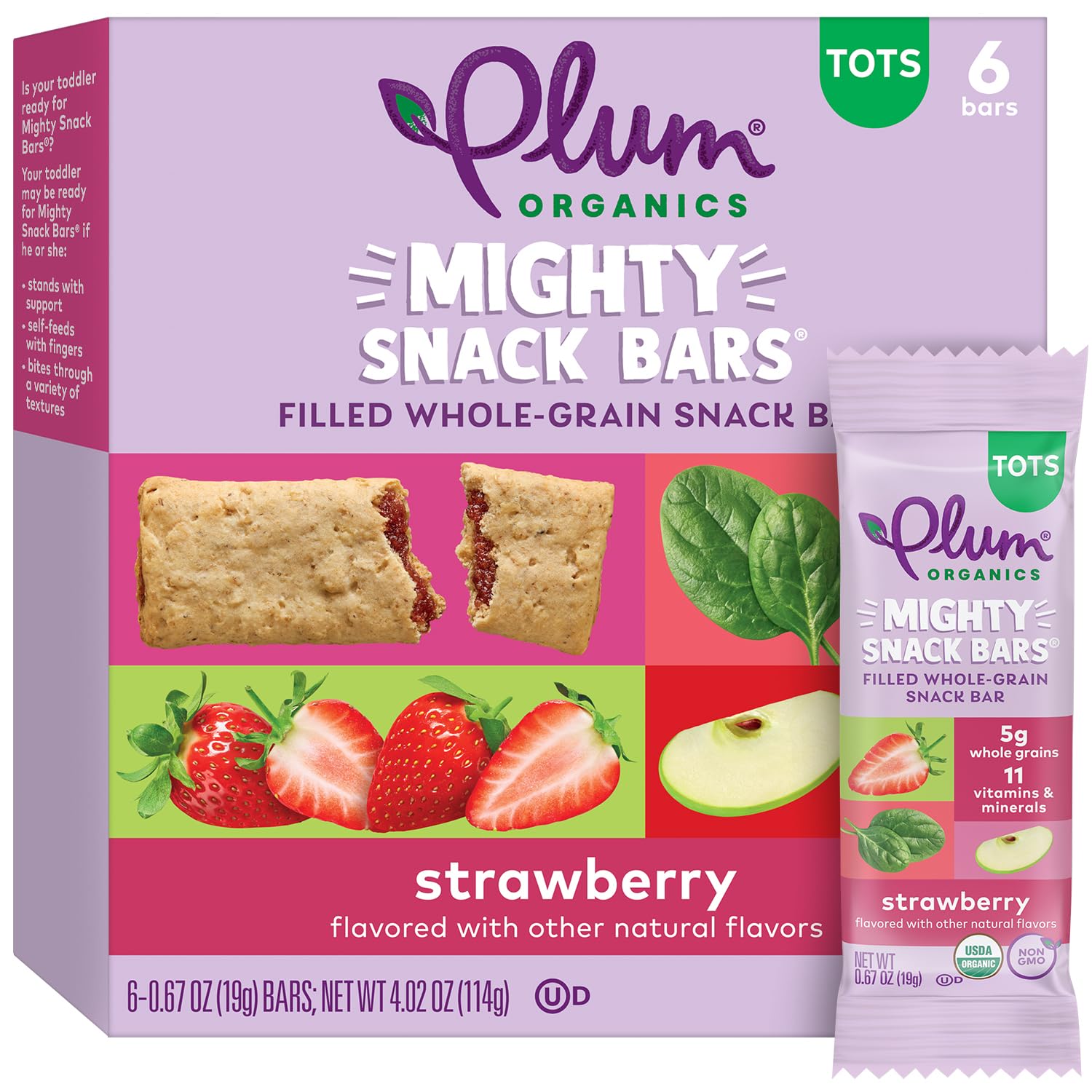 Organic Plum Mighty Snack Bars - Strawberry (6 Pack) - Healthy Toddler Snacks for On-the-Go