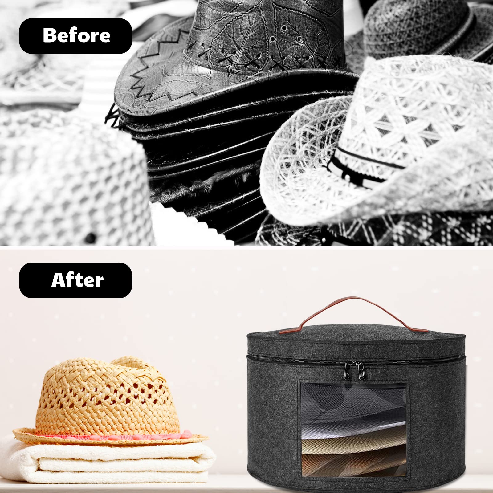 Women & Men Foldable Hat Storage Box - Large Dustproof Round Box for Hats & Toys - Dark Grey