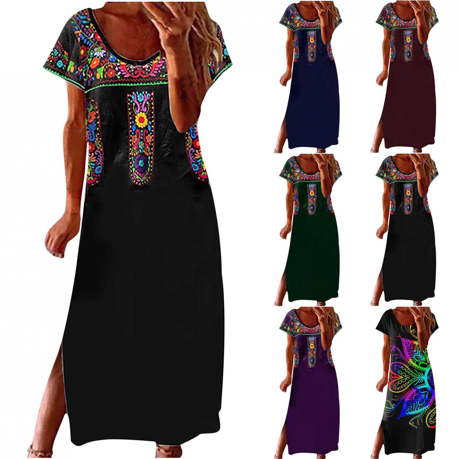 Vintage Summer Short Sleeve Printed Shirt Dress for Women - Plus Size Crewneck Long Dress with Side Slit | Beach Outfit, Casual Wear, Vacation Dress