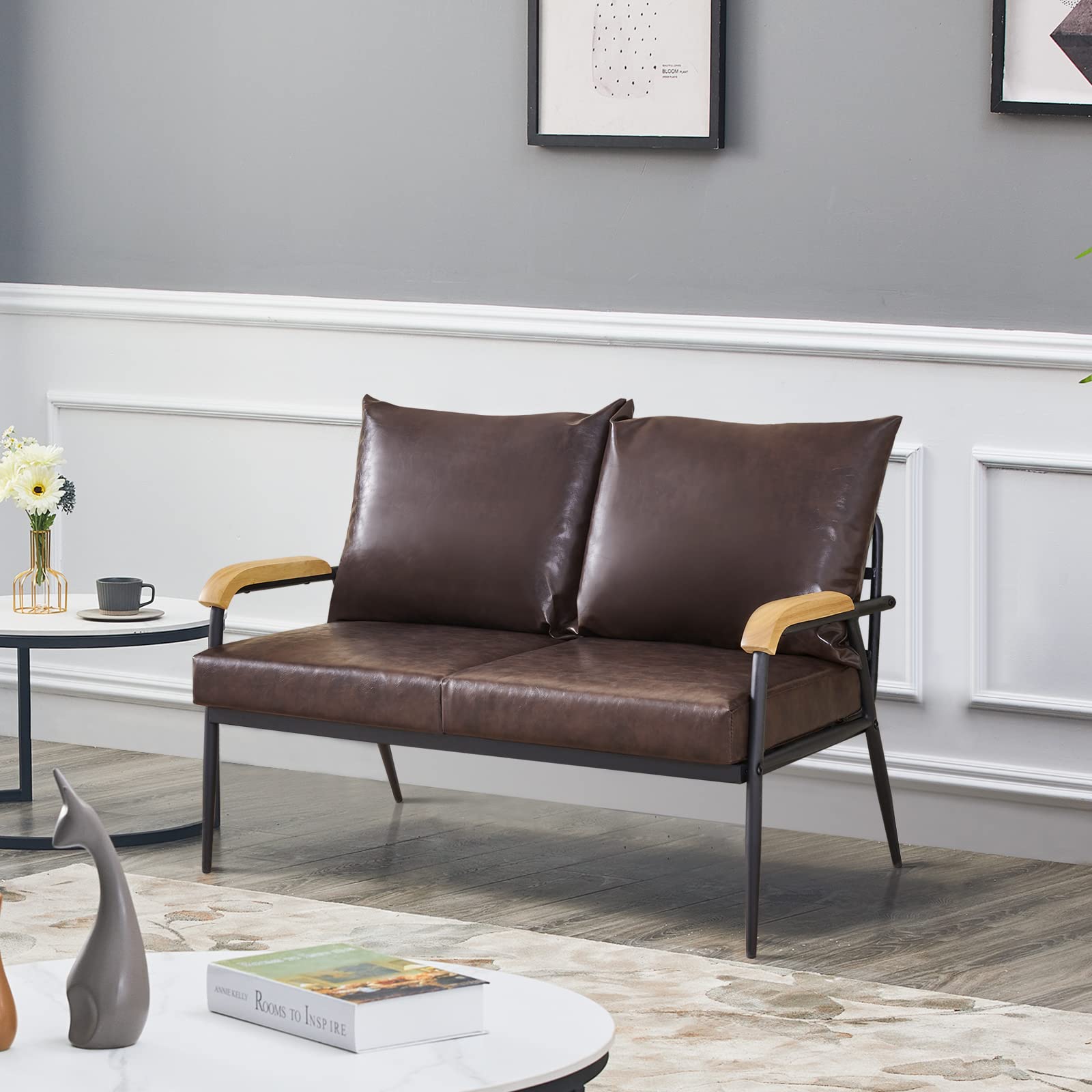 LEMROE 2-Seater Faux Leather Modern Sofa Bed with 2 Pillows - Small Space Living Room, Dining Room & Bedroom Furniture (Dark Brown) - Perfect for Apartments, Studios & Cozy Home Decor