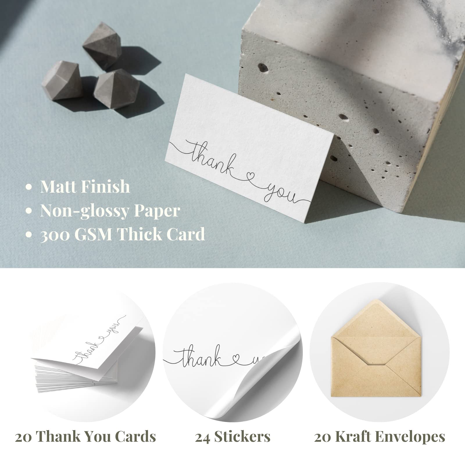 20 Pack Thank You Cards with Kraft Envelopes & Stickers - 4x6 Inch Professional Greeting Cards for Business, Baby Shower, Wedding, Graduation, Funeral - Perfect for Corporate Gifts, Party Favors & Special Occasions