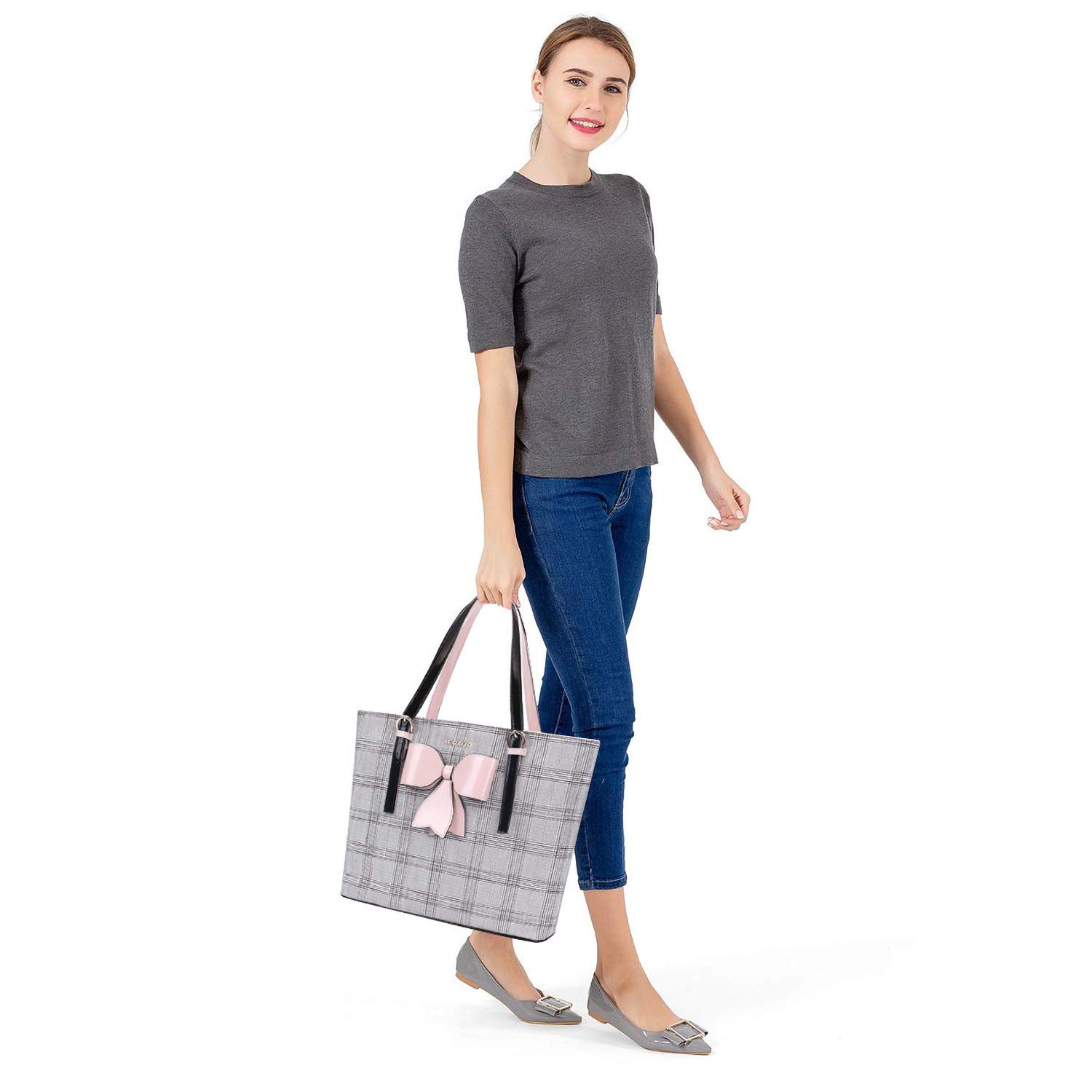 MOSISO Premium PU Leather Laptop Tote Bag for MacBook Pro 14 inch M4/M3/M2/M1 & MacBook Air/Pro 13-13.3 inch - Large Capacity Work Bag with Grid Design (MO-GID002LTBR) - Perfect for Business, Travel & Daily Commute