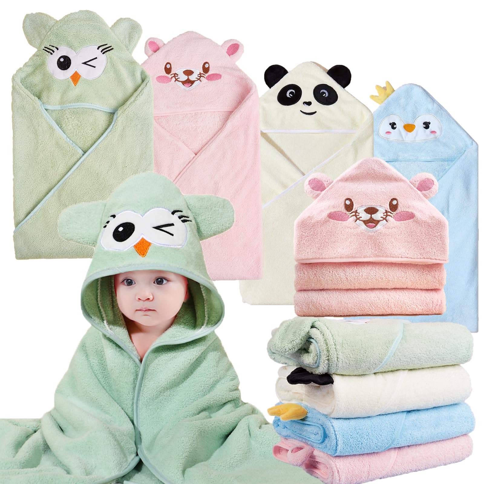 Premium Coral Fleece Baby Hooded Towel - Ultra Soft & Absorbent 32x32 Inch Unisex Bath Towel for Newborns, Toddlers & Kids | 4 Styles | Natural Baby Gift for Boys & Girls | Perfect for Bath Time, Swimming & Spa Days