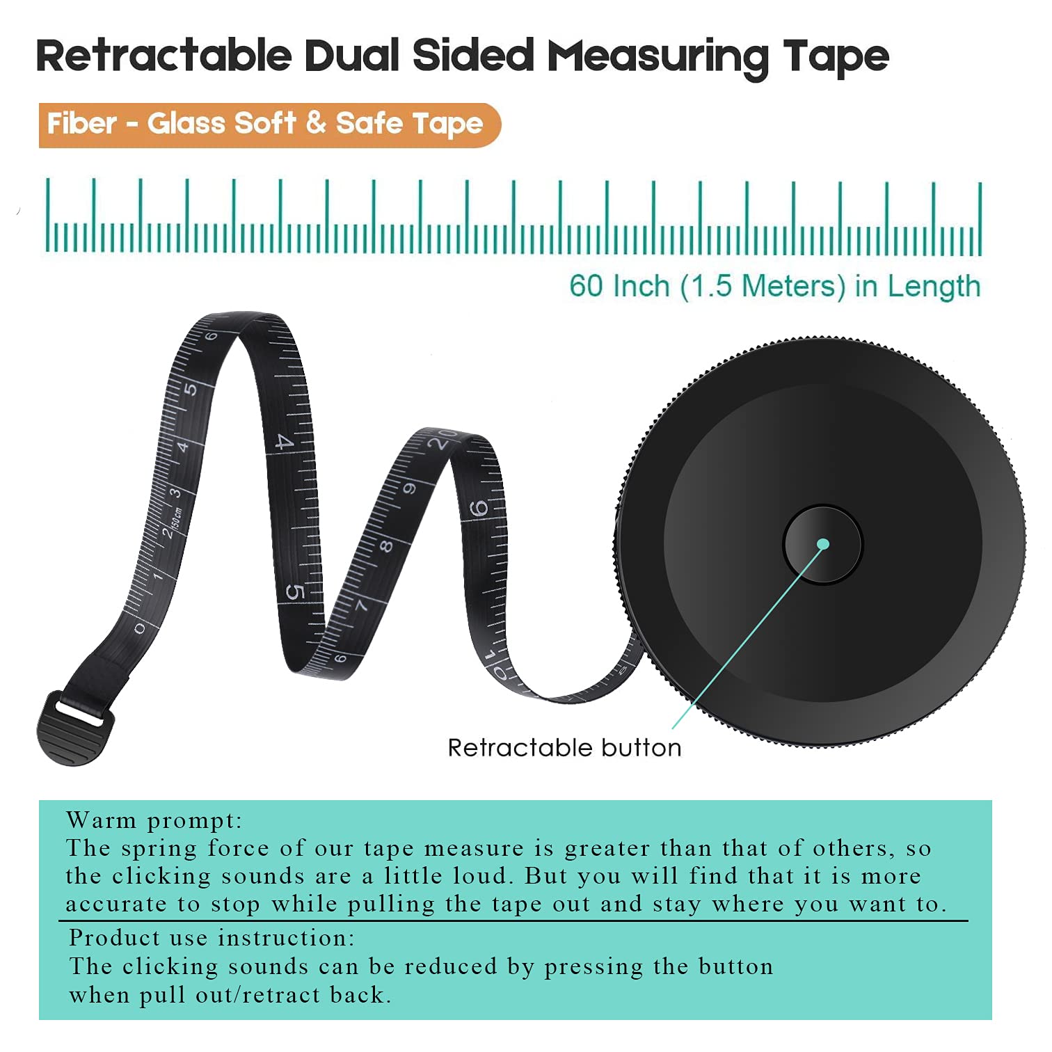 Dual Sided Retractable Body Measuring Tape - 60 Inch/150 cm Soft Sewing Tailor Tape Measure for Clothing & Weight Loss Tracking | Perfect for DIY Sewing, Fitness Progress & Body Measurements