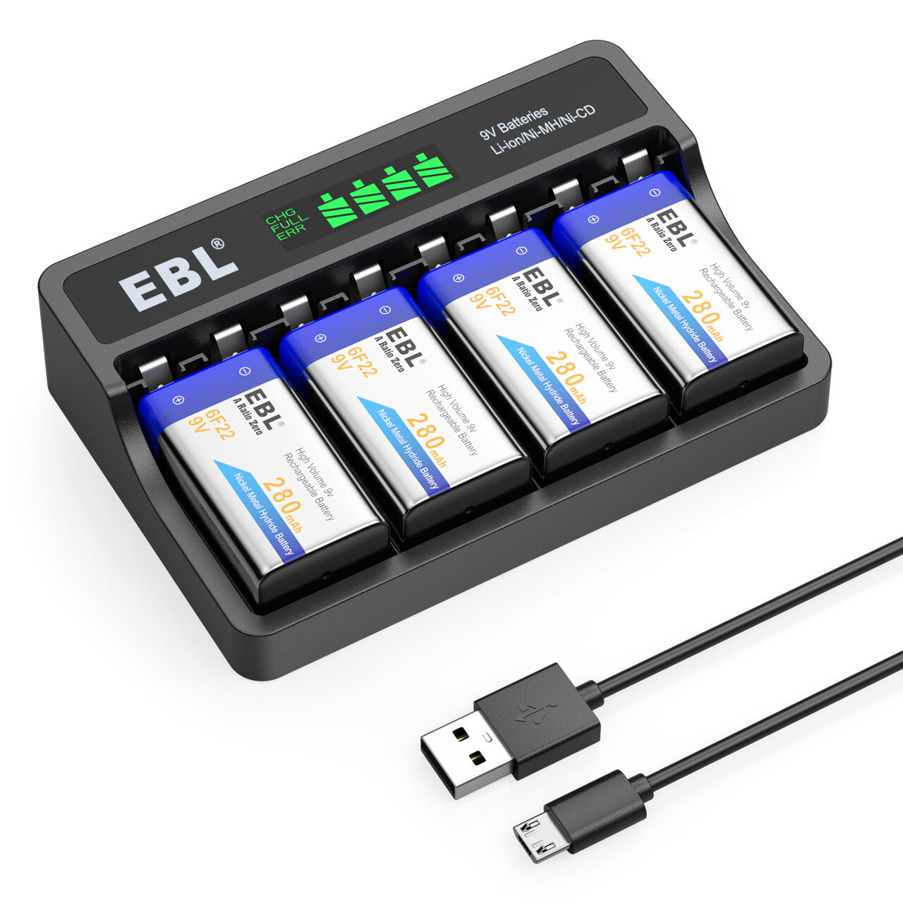 EBL 4-Pack 9V Rechargeable NiMH/Li-ion Batteries with M7015 Smart Charger - Perfect for Smoke Detectors, Guitar Pedals & Electronic Devices