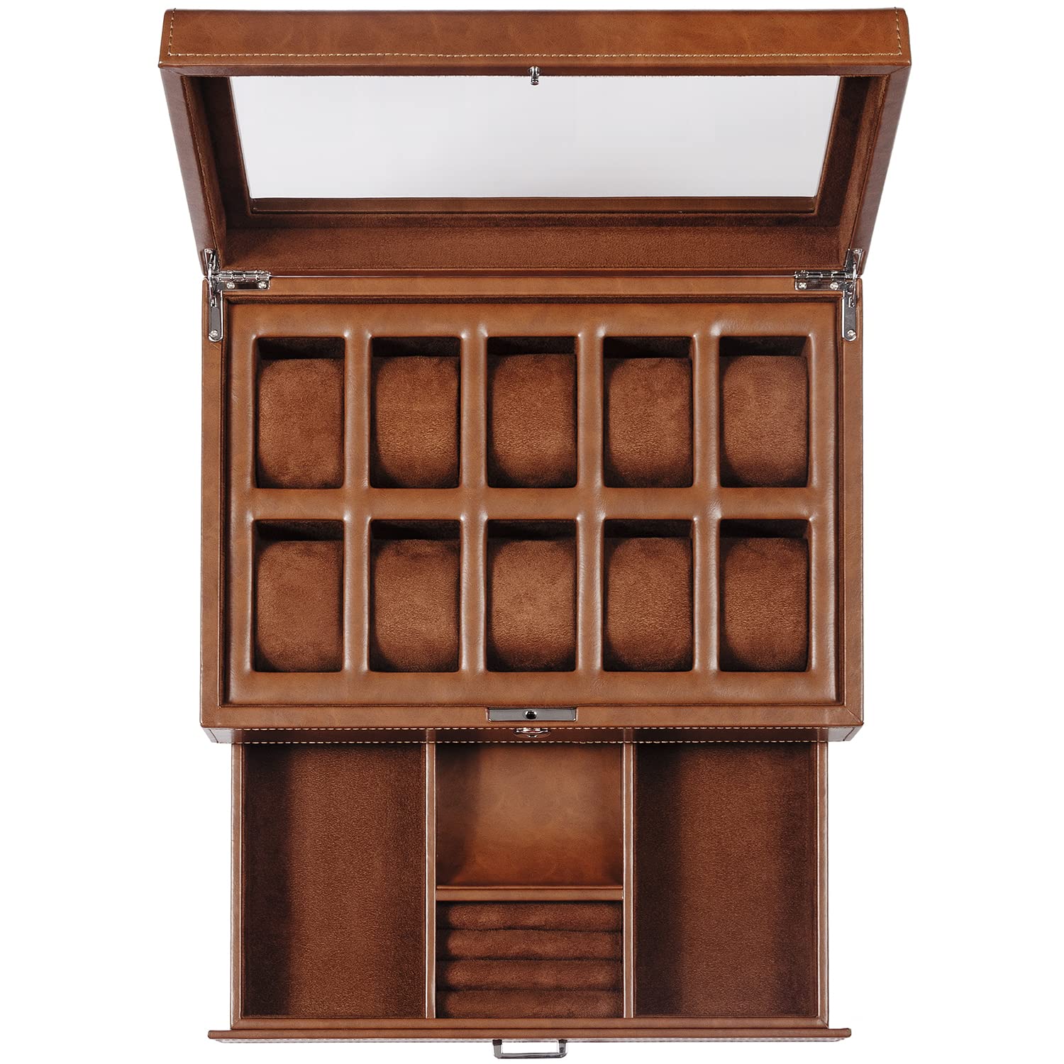 HELMDY 10-Slot Luxury Leather Watch Box with Valet Drawer & Lock - Glass Top Jewelry Storage Case for Men - Organize & Display 10 Watches (Brown) - Perfect for Watch Collectors, Travel & Gift Giving