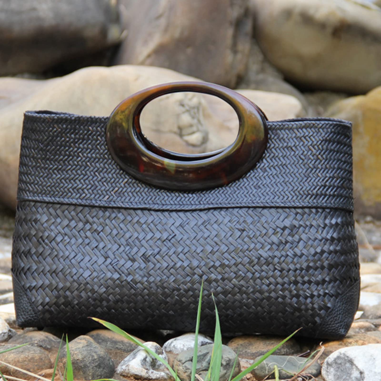 Boho Rattan Beach Bag with Round Wooden Handle - Large Straw Tote Bag for Women - Retro Pattern Handmade Handbag - Perfect for Beach Vacation, Daily Use, Picnics & Summer Outings