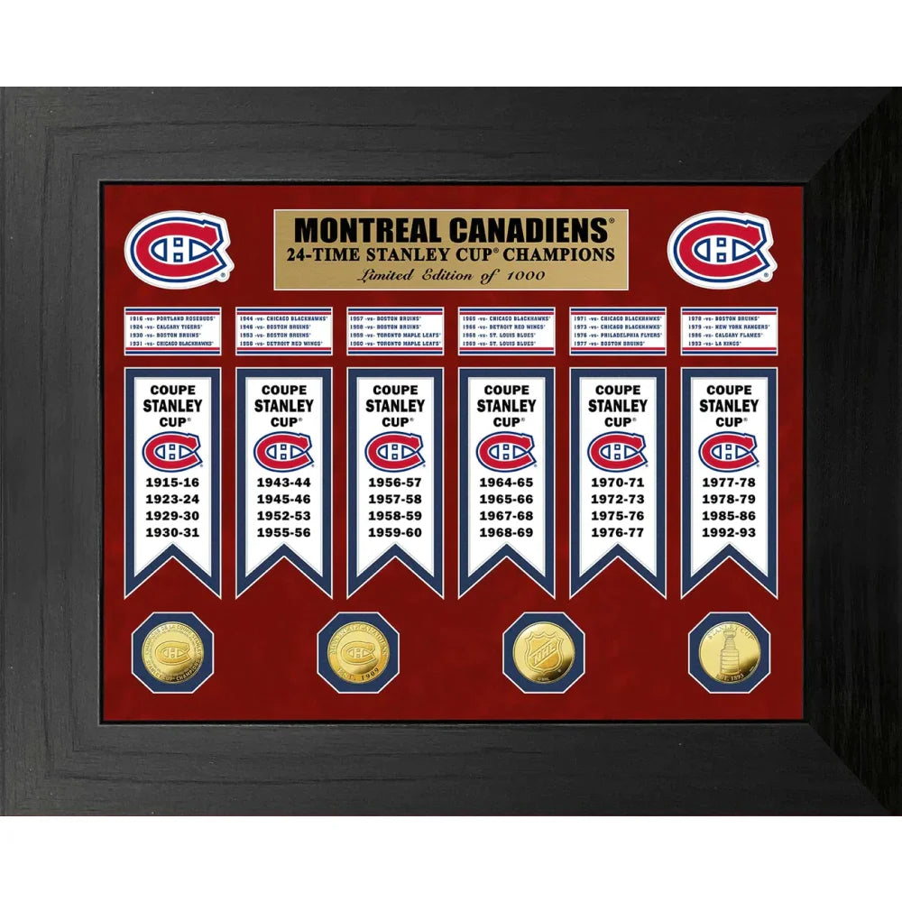 Montreal Canadiens Stanley Cup Champions Banner & Gold Coin Framed Collage - NHL Hockey Memorabilia for Man Cave, Sports Bar Decor, Hockey Fan Gift