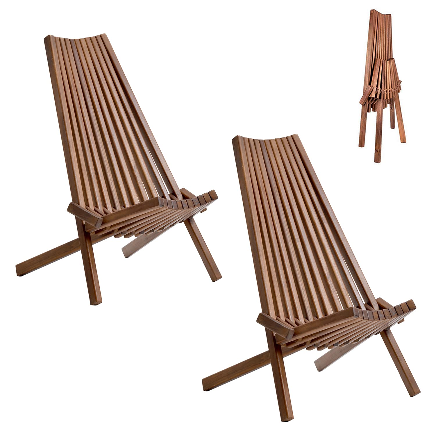 Solid Acacia Wood Folding Lounge Chairs Set of 2 - Handcrafted Low Profile Patio Seating for Indoor & Outdoor Use - Perfect for Beach, Yard, Balcony, Fire Pit & Garden Relaxation (2-Pack)